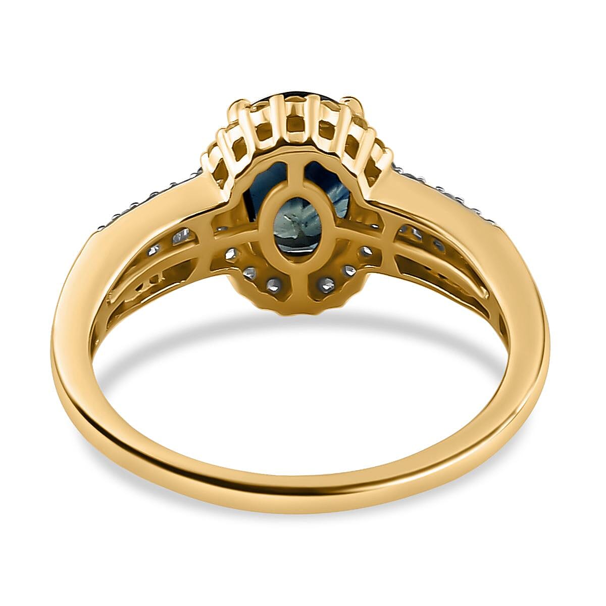 14K Yellow Gold AAA Ocean Teal Sapphire (OVL 1.60 cts) and Diamond Ring 1.91 Ct.