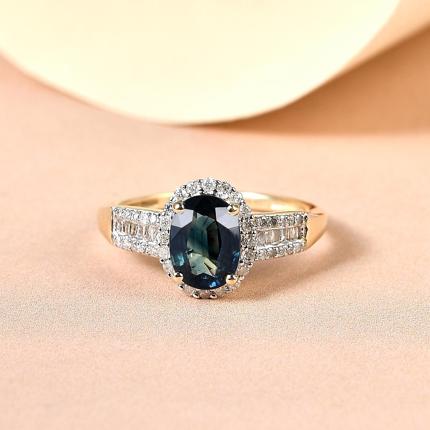 14K Yellow Gold AAA Ocean Teal Sapphire (OVL 1.60 cts) and Diamond Ring 1.91 Ct.