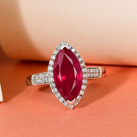 D'Joy - African Ruby (FF) & Moissanite Halo Ring in Platinum Overlay Sterling Silver 4.16 Ct.