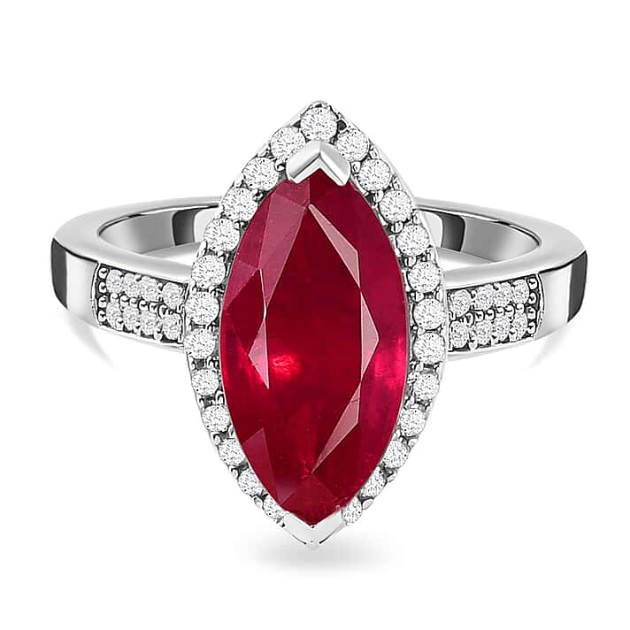 Natural African Ruby and Moissanite Halo Ring in Platinum Overlay Sterling Silver 4.14 Ct