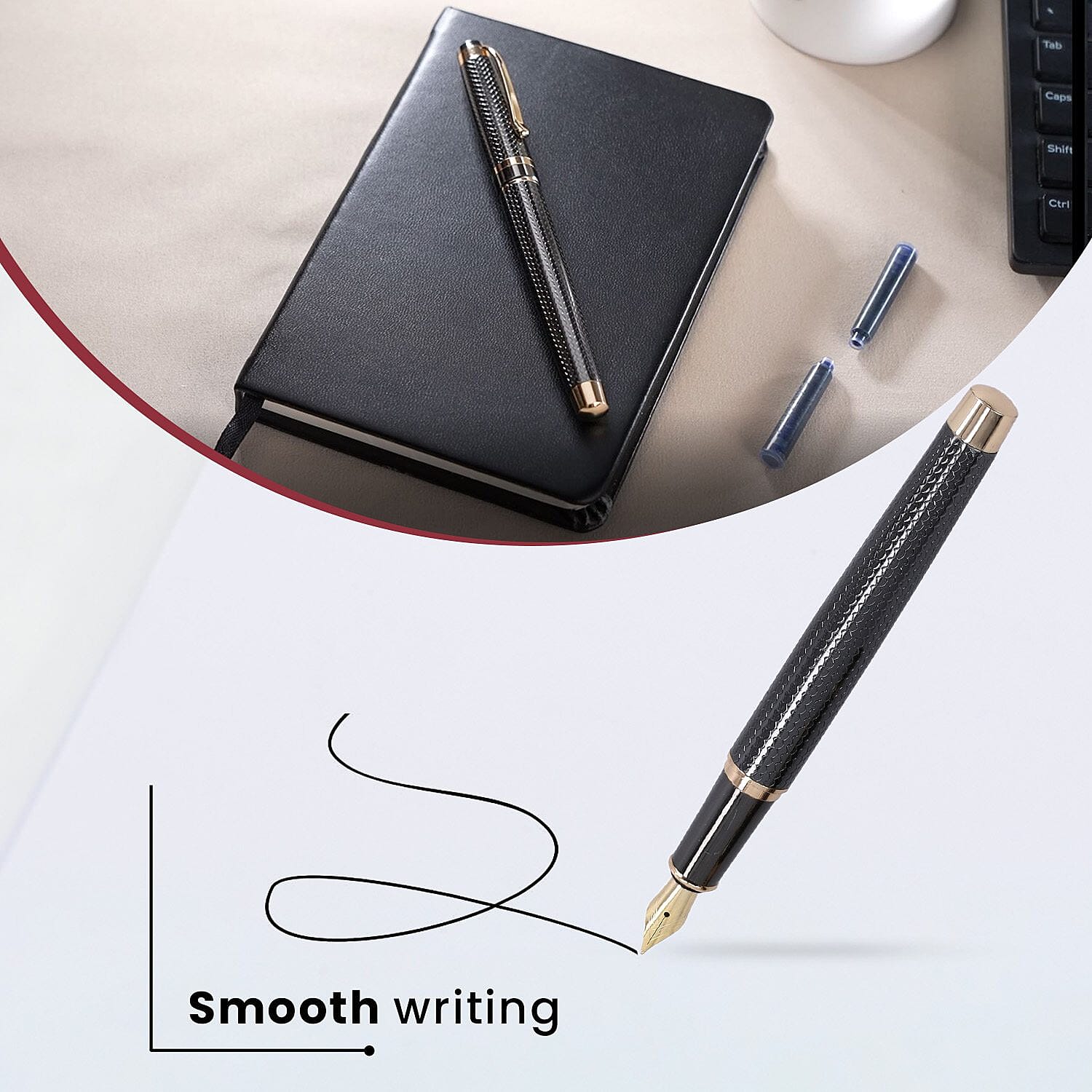 Black Fountain Pen with Diary Set with 2 Extra Refills