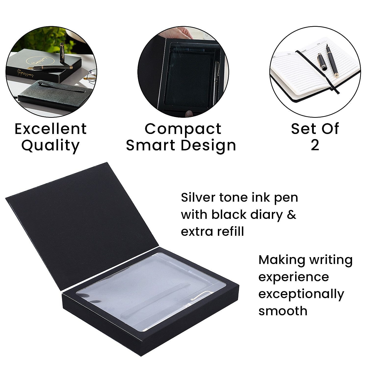 Black Fountain Pen with Diary Set with 2 Extra Refills