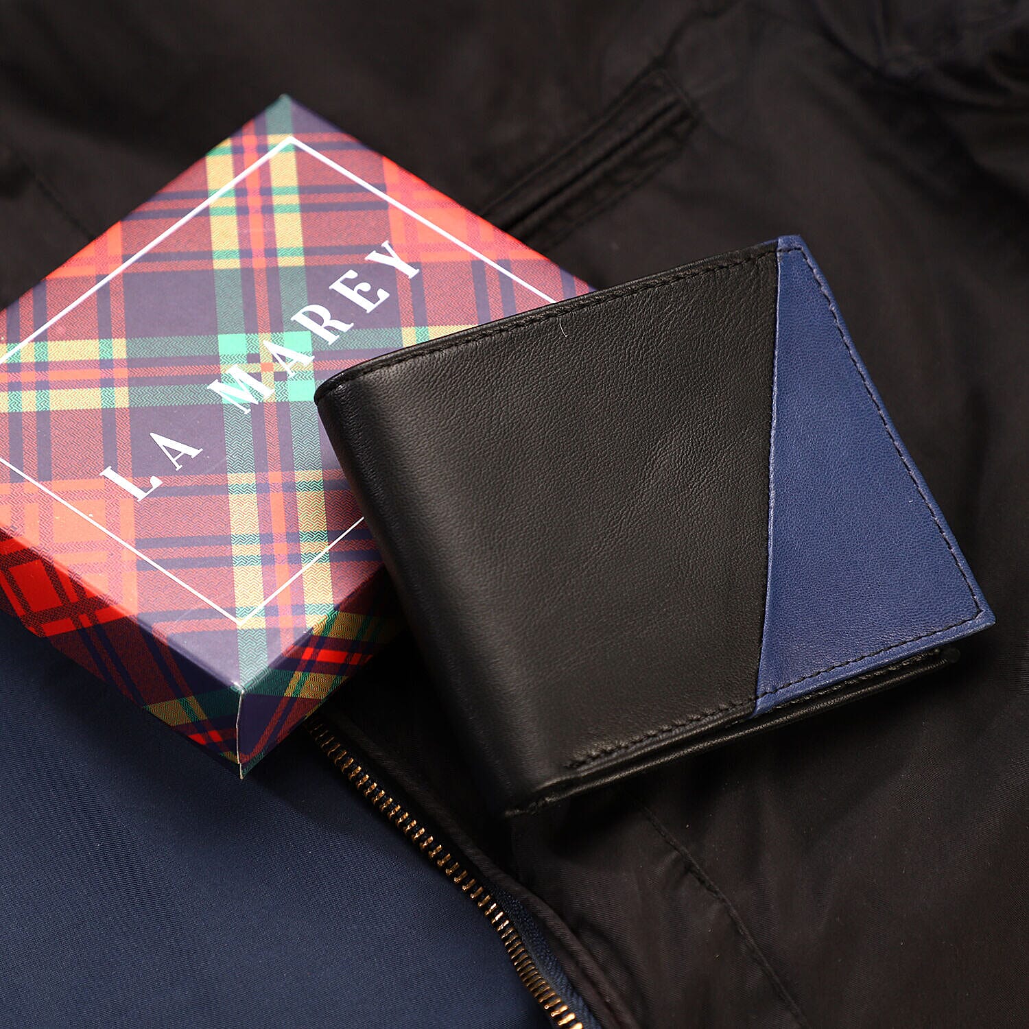 Genuine Leather Bi Fold Mens Zipper Wallet (RFID Protected) - Black & Navy