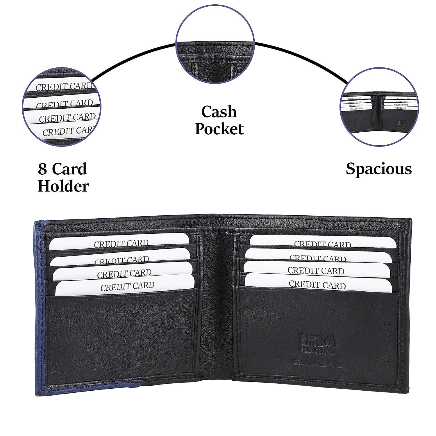 Genuine Leather Bi Fold Mens Zipper Wallet (RFID Protected) - Black & Navy