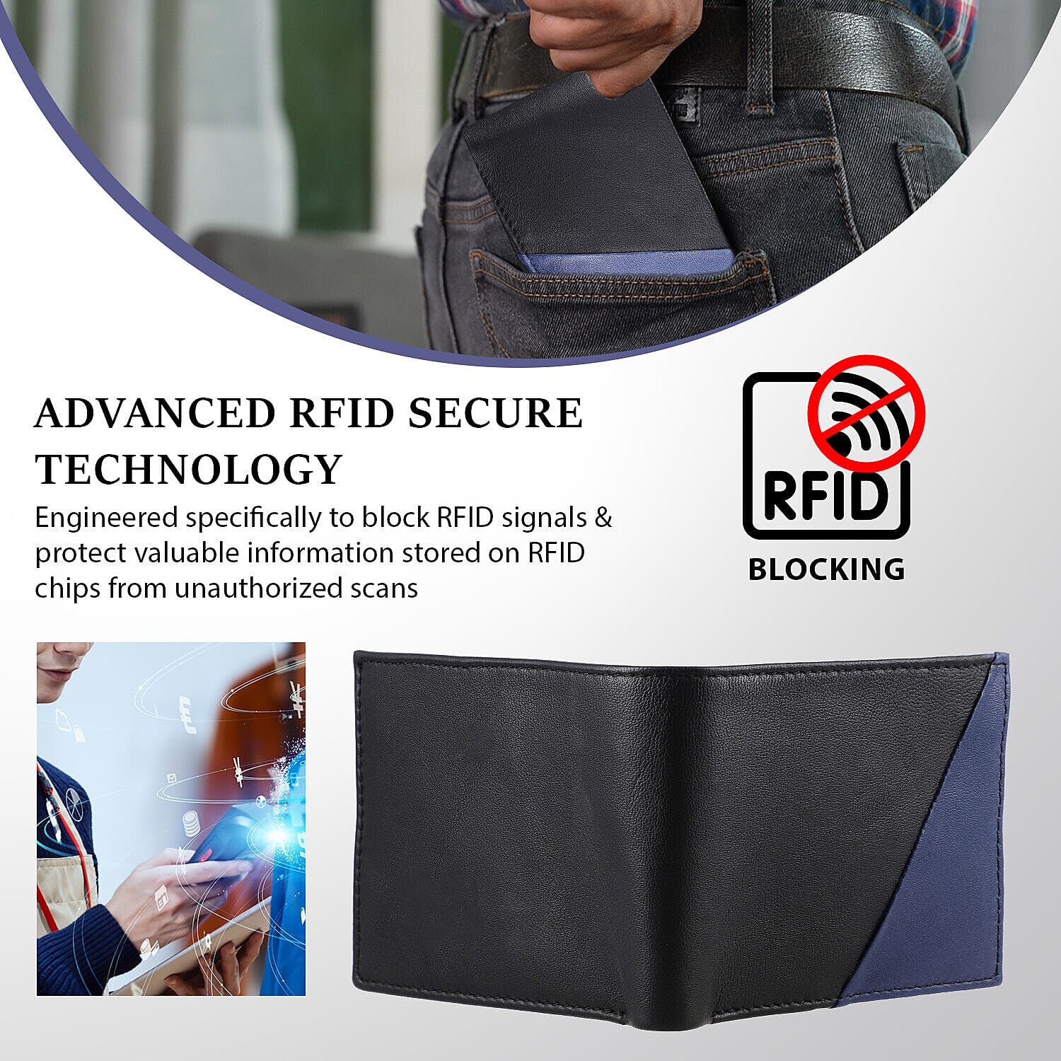 Genuine Leather Bi Fold Mens Zipper Wallet (RFID Protected) - Black & Navy