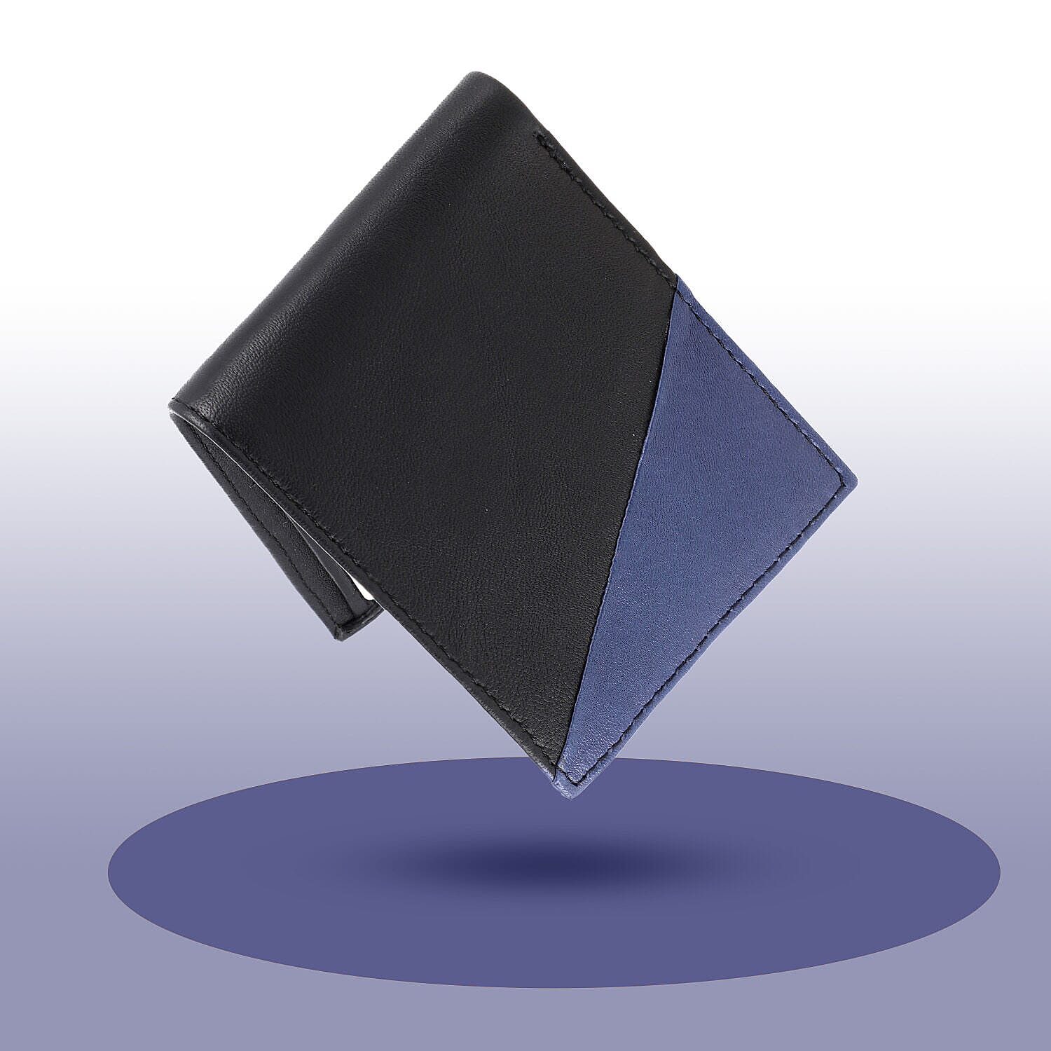 Genuine Leather Bi Fold Mens Zipper Wallet (RFID Protected) - Black & Navy