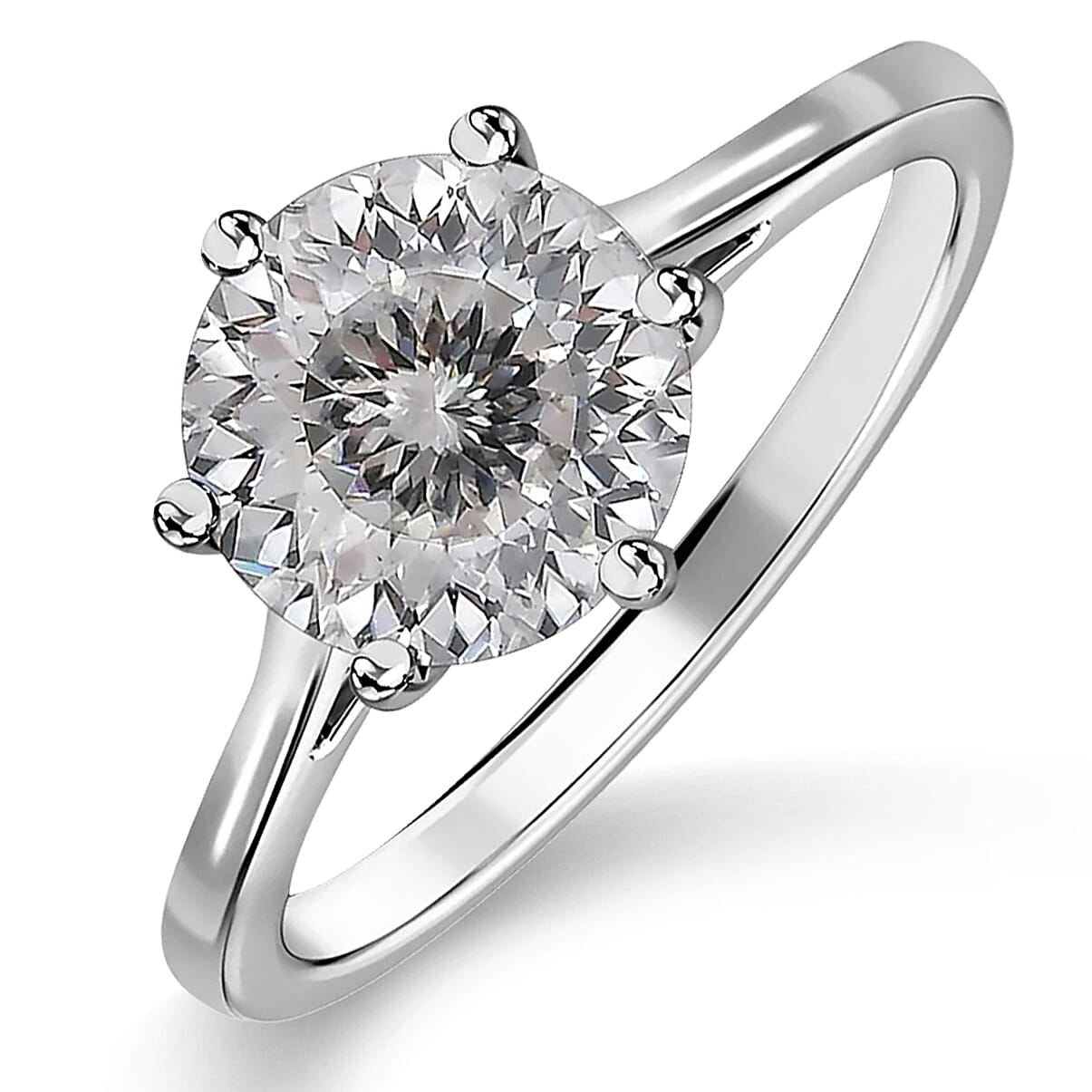 Moissanite (120 Faceted) Solitaire Ring in Platinum Overlay Sterling Silver 1.82 Ct.