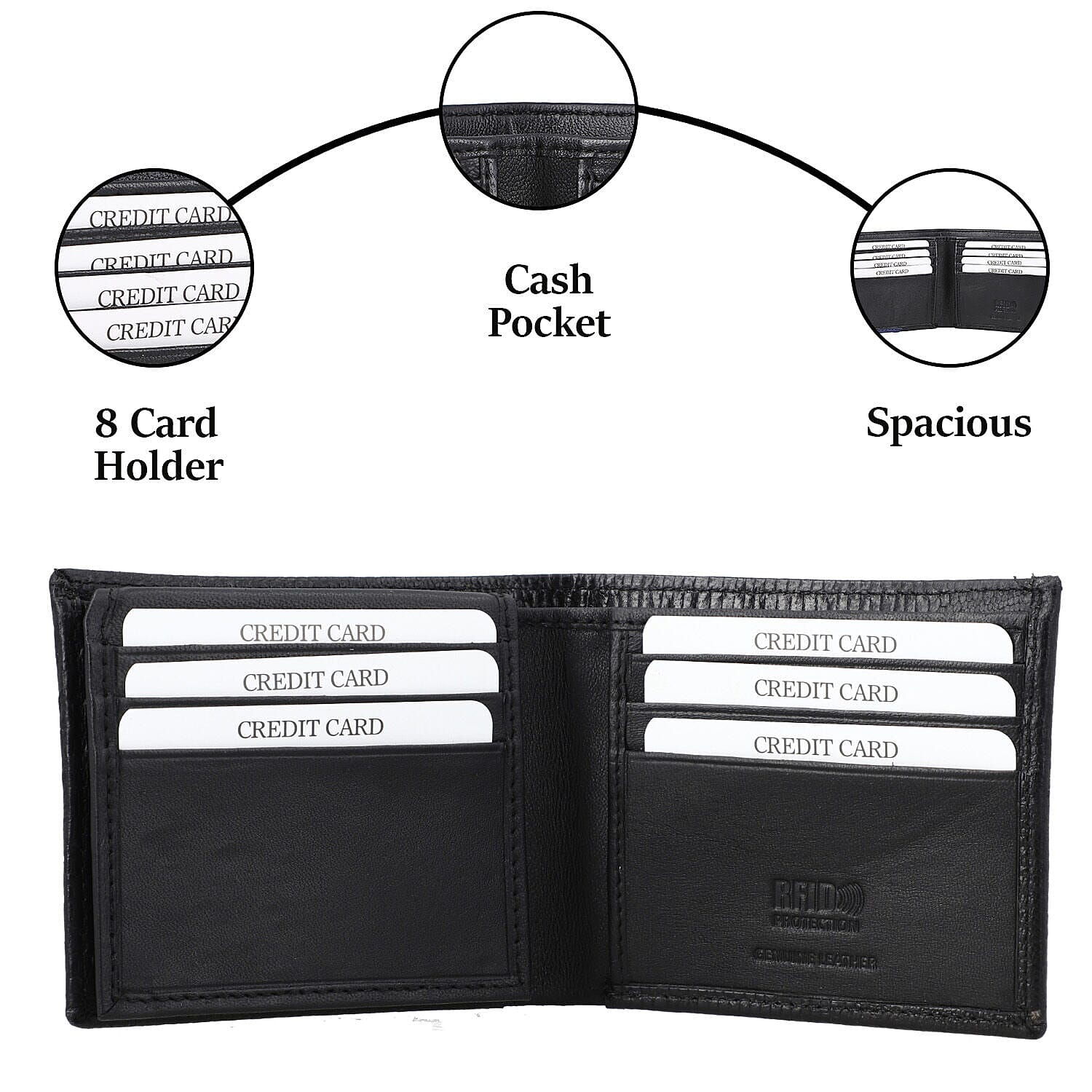 Genuine Leather Lizard Embossed Bi Fold Mens Wallet (RFID Protected) - Black