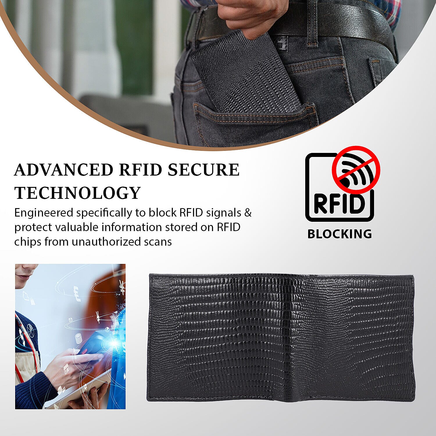 Genuine Leather Lizard Embossed Bi Fold Mens Wallet (RFID Protected) - Black