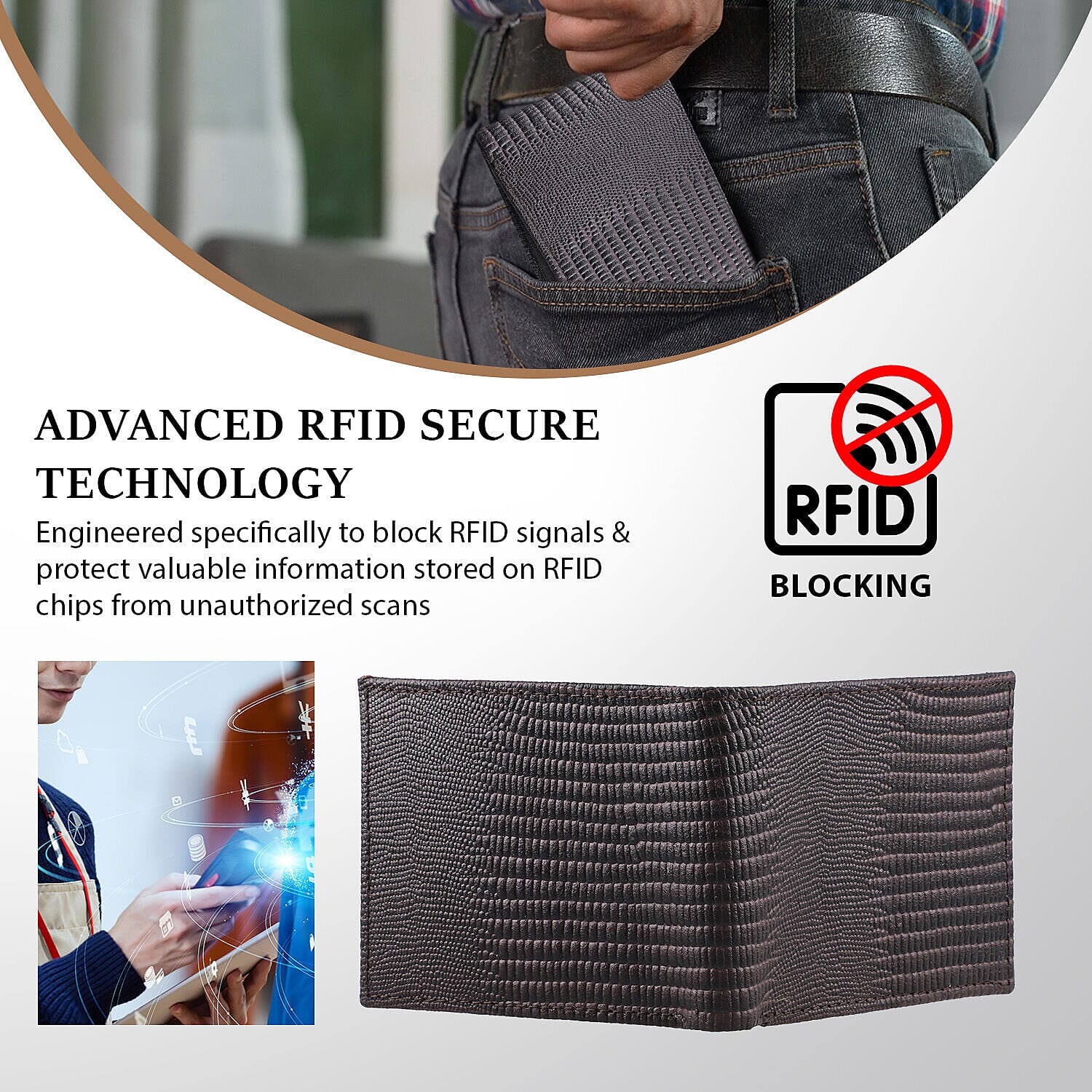 Genuine Leather Snake Embossed Bi Fold Mens Wallet (RFID Protected) - Brown