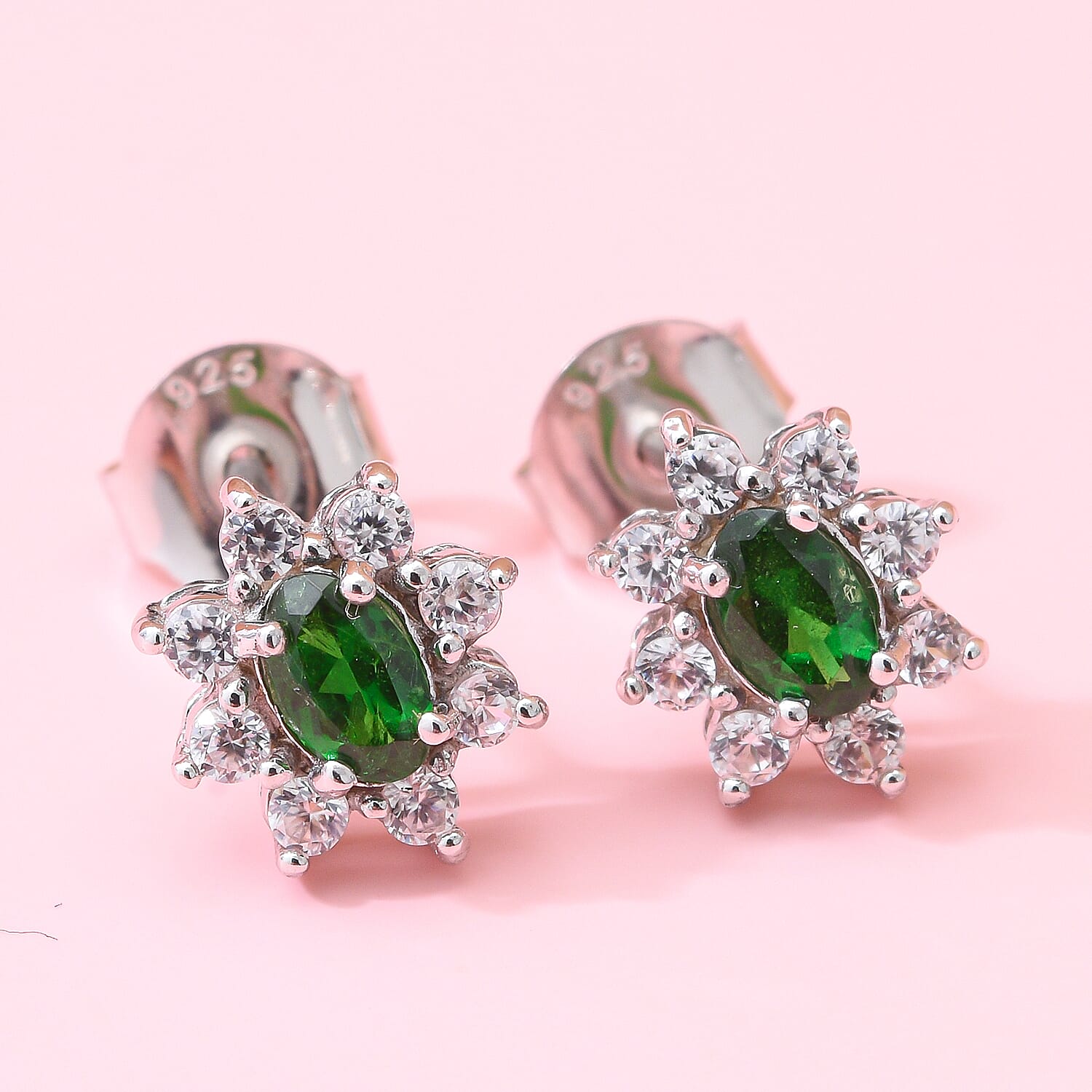 Tsavorite Garnet and Natural Zircon Floral Earrings in Platinum Overlay Sterling Silver 1.00 Ct.