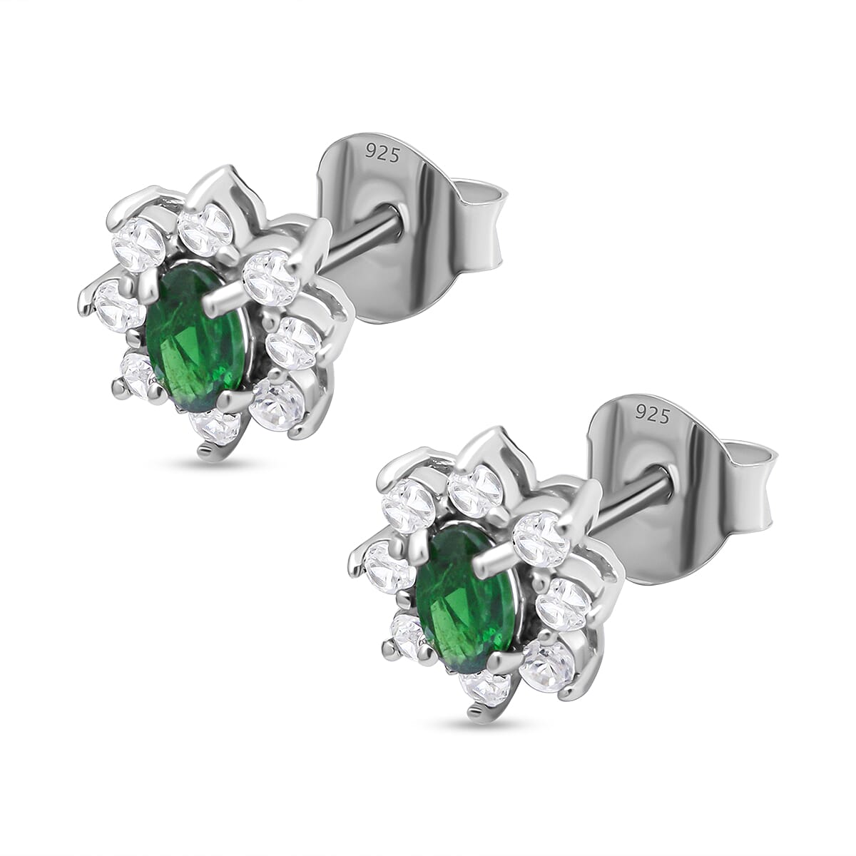 Tsavorite Garnet and Natural Zircon Floral Earrings in Platinum Overlay Sterling Silver 1.00 Ct.