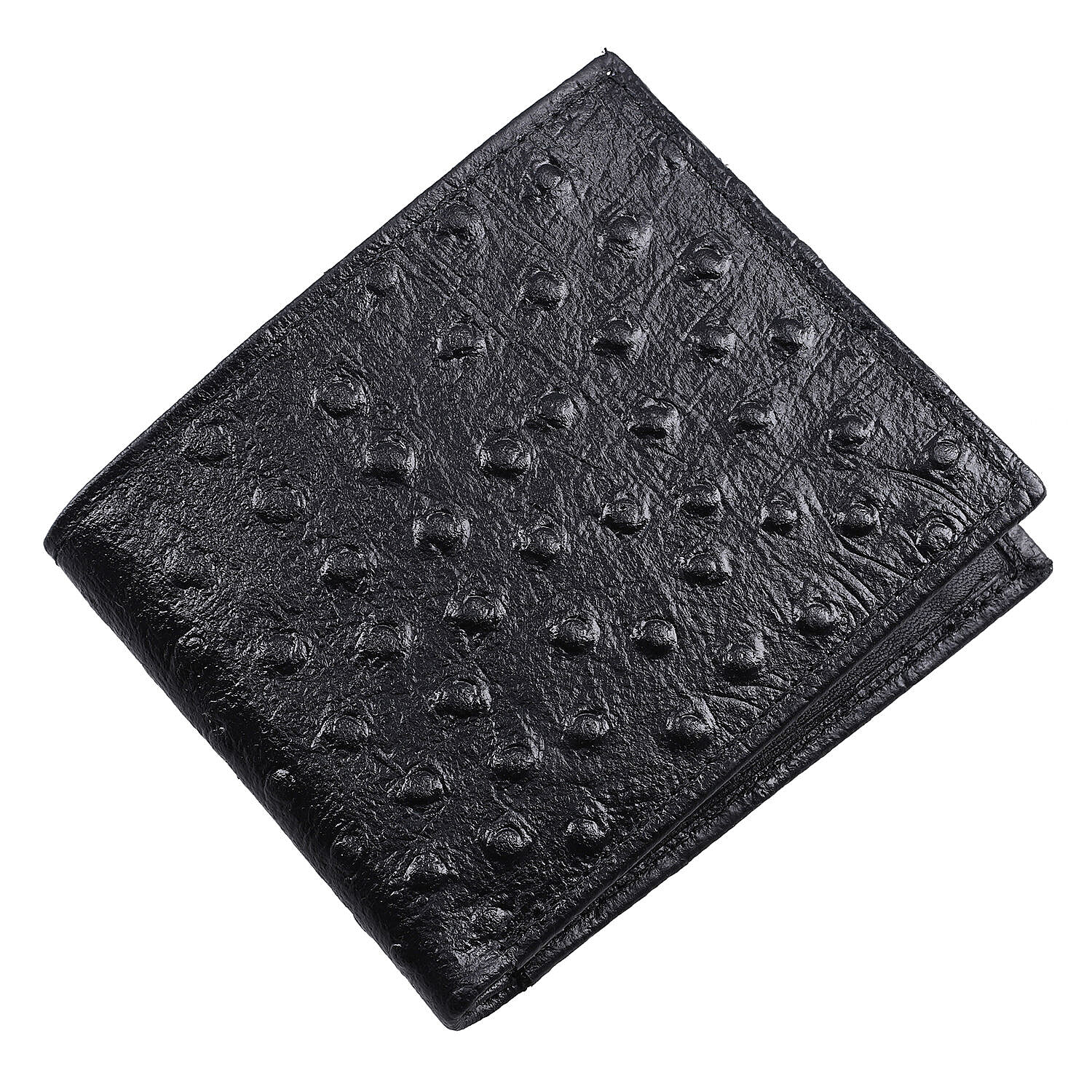 Genuine Leather Ostrich Embossed Bi Fold Mens Wallet (RFID Protected) -  Ostrich Black