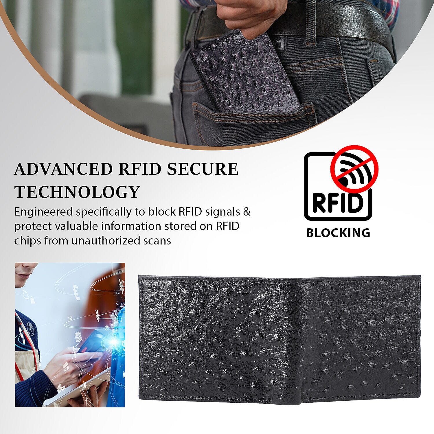 Genuine Leather Ostrich Embossed Bi Fold Mens Wallet (RFID Protected) - Ostrich Black