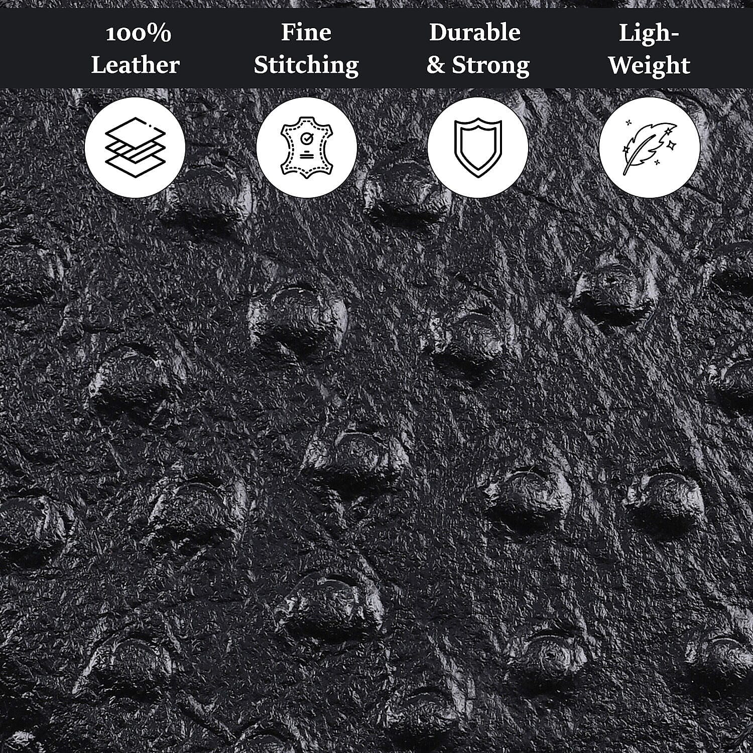 Genuine Leather Ostrich Embossed Bi Fold Mens Wallet (RFID Protected) - Ostrich Black