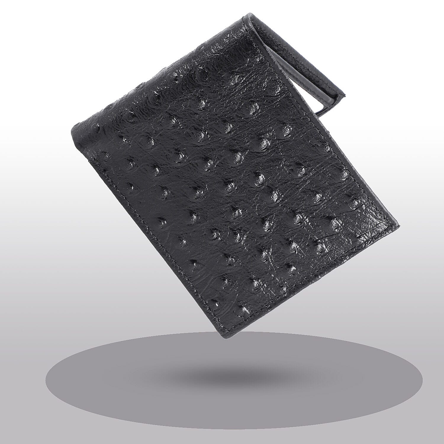 Genuine Leather Ostrich Embossed Bi Fold Mens Wallet (RFID Protected) - Ostrich Black