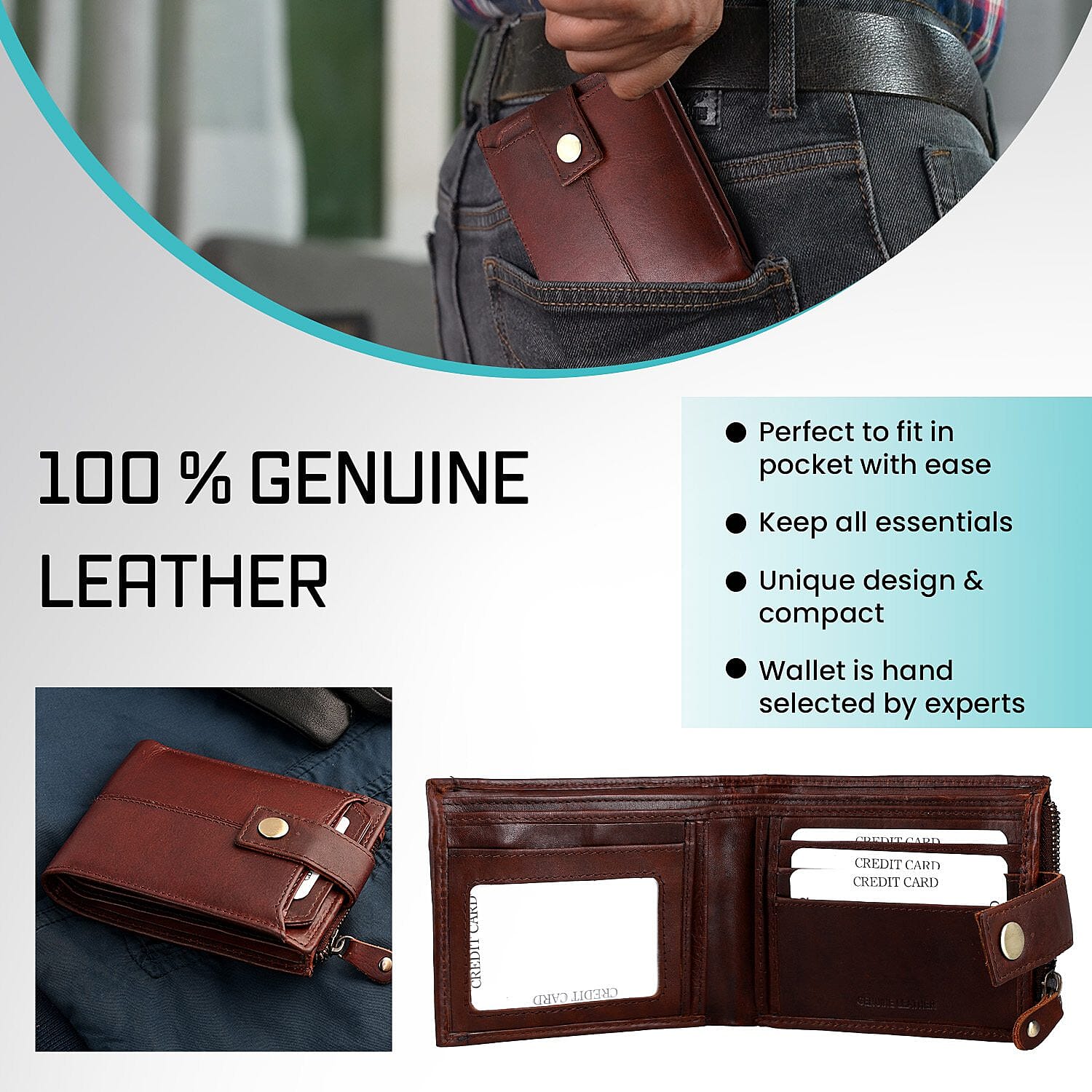 100% Genuine Leather Bi Fold Men Wallet (Size 13x9 cm) - Brown