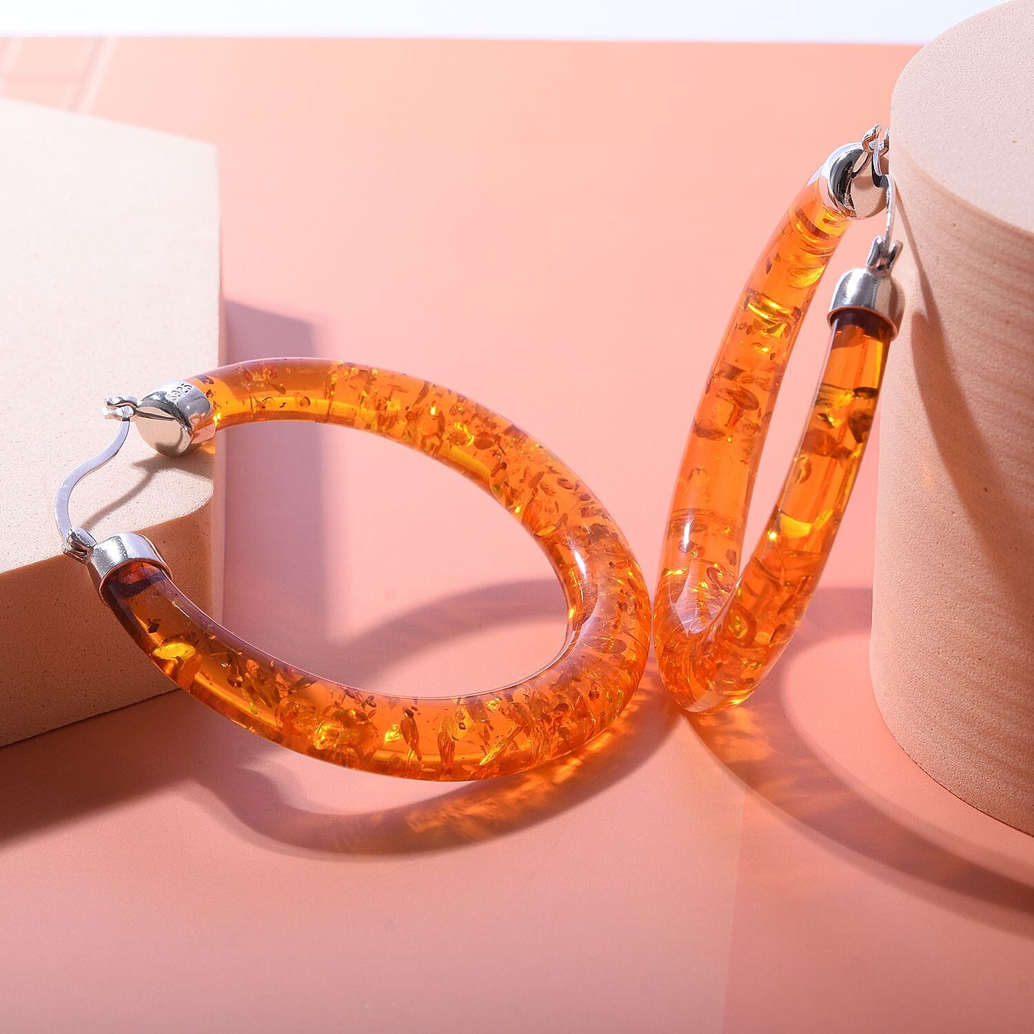 First Time- Natural Baltic Amber Carved Hoop Earrings (With Clasp) in Sterling Silver