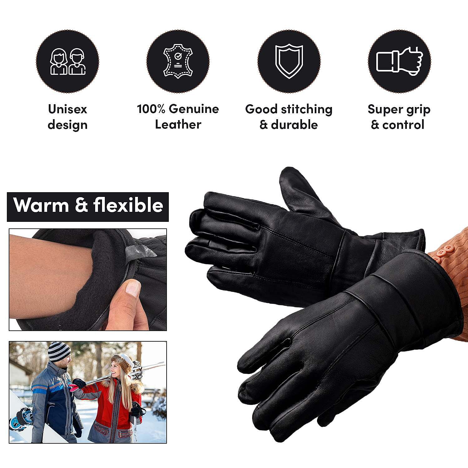 100% Genuine Leather Winter Gloves (Size Large) - Black