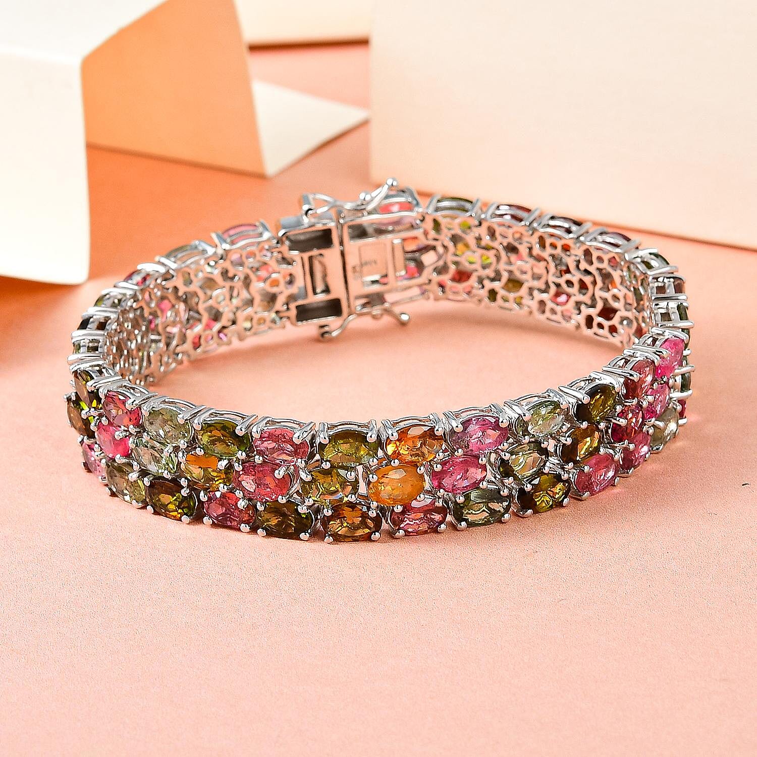 Multi-Tourmaline Bracelet (Size - 7) in Platinum Overlay Sterling Silver 35.17 Ct, Silver Wt. 23.67 Gms.