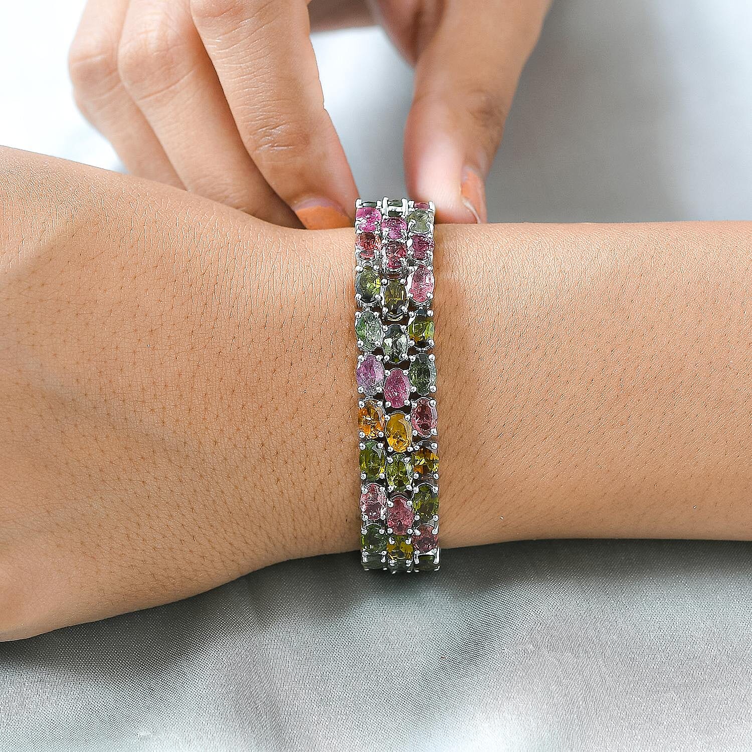 Multi-Tourmaline Bracelet (Size - 7) in Platinum Overlay Sterling Silver 35.17 Ct, Silver Wt. 23.67 Gms.