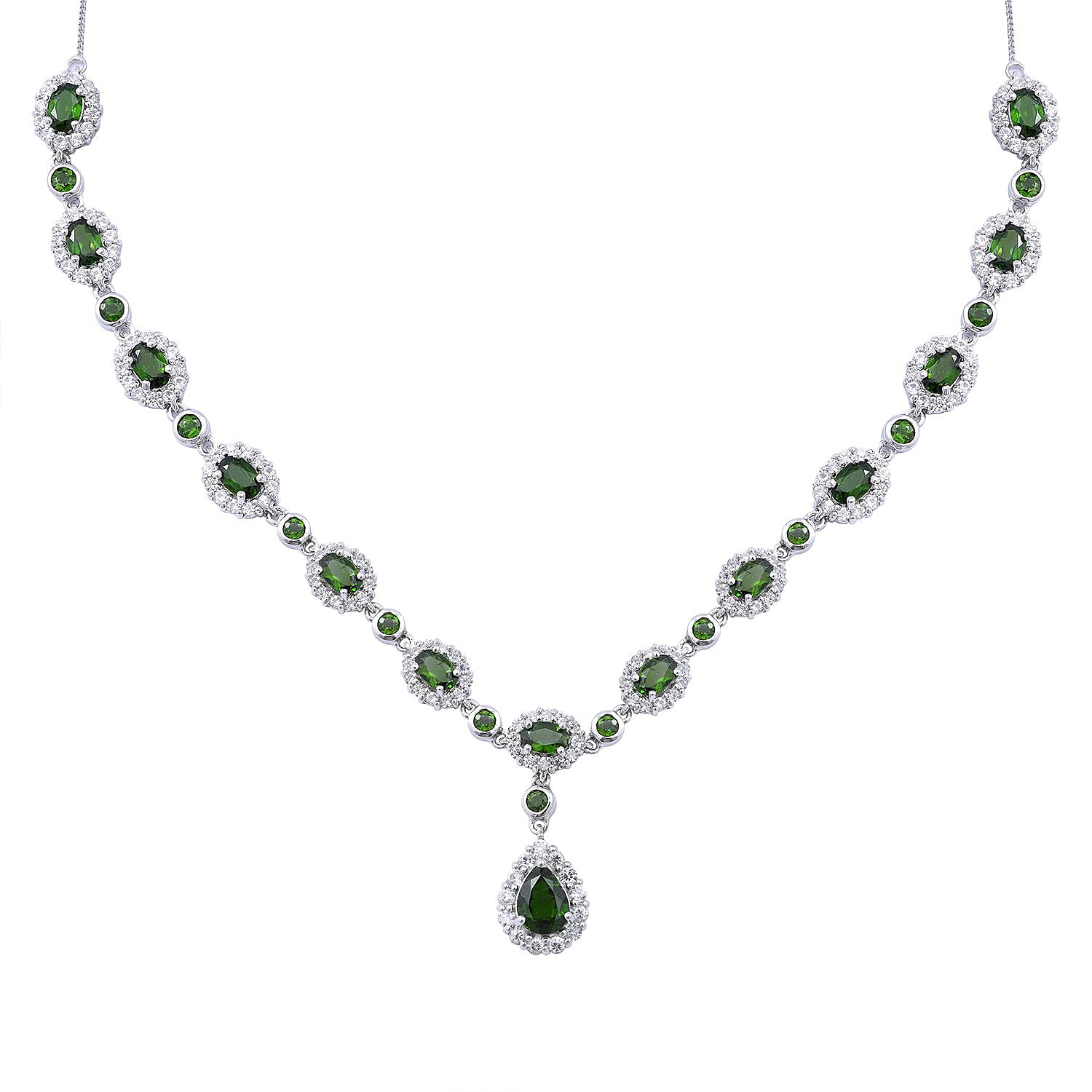 Natural Chrome Diopside & Natural Zircon Necklace (Size - 18-2 Inch Ext.)  in Rhodium Overlay Sterling Silver 14.63 Ct, Silver Wt. 10 Gms