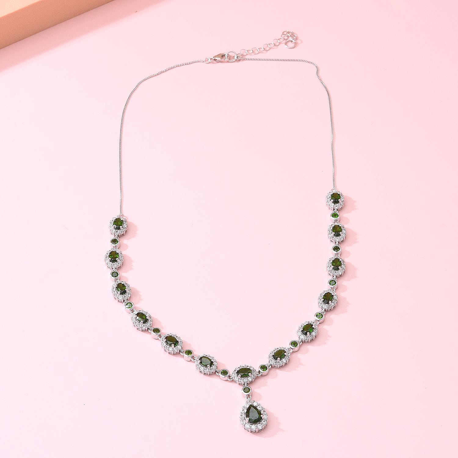 Natural Chrome Diopside & Natural Zircon Necklace (Size - 18-2 Inch Ext.) in Rhodium Overlay Sterling Silver 14.63 Ct, Silver Wt. 10 Gms