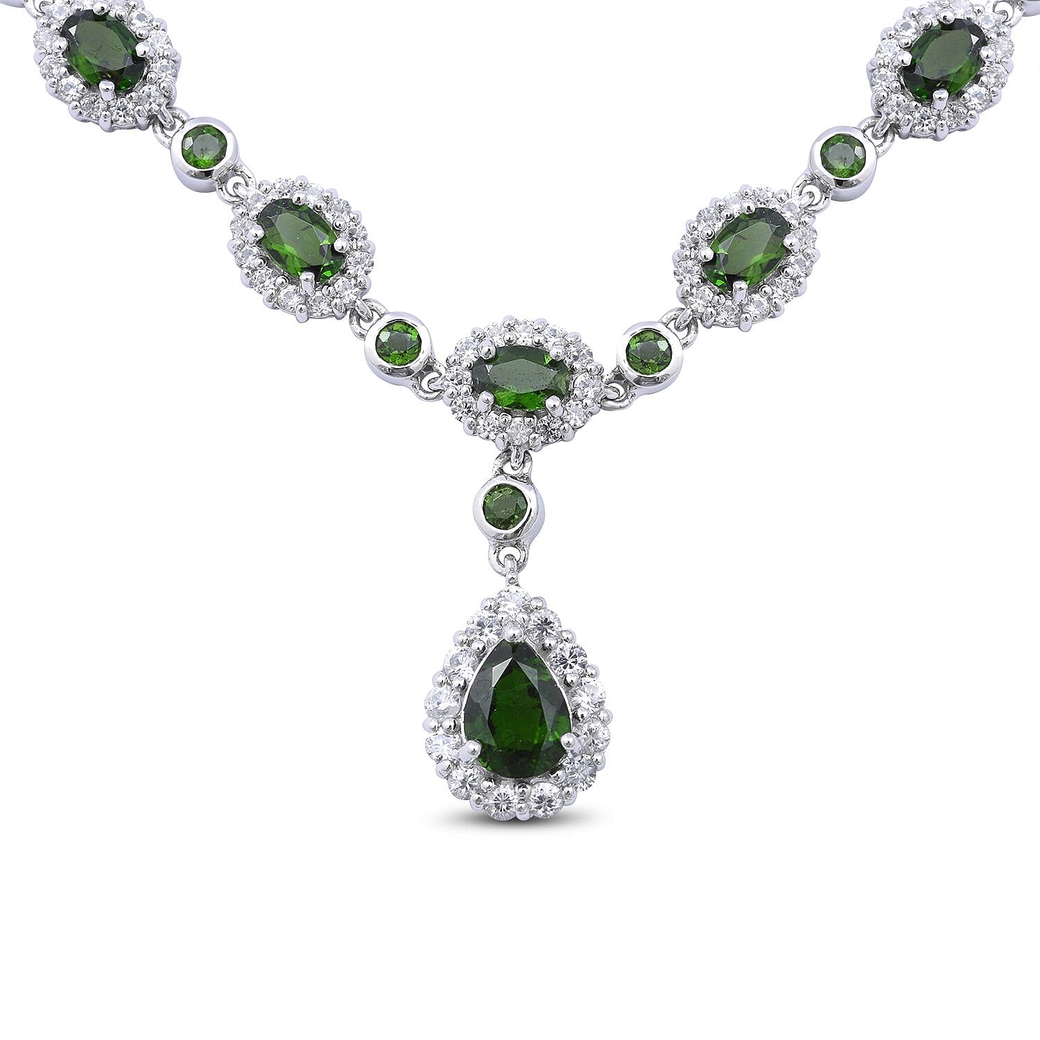Natural Chrome Diopside & Natural Zircon Necklace (Size - 18-2 Inch Ext.) in Rhodium Overlay Sterling Silver 14.63 Ct, Silver Wt. 10 Gms