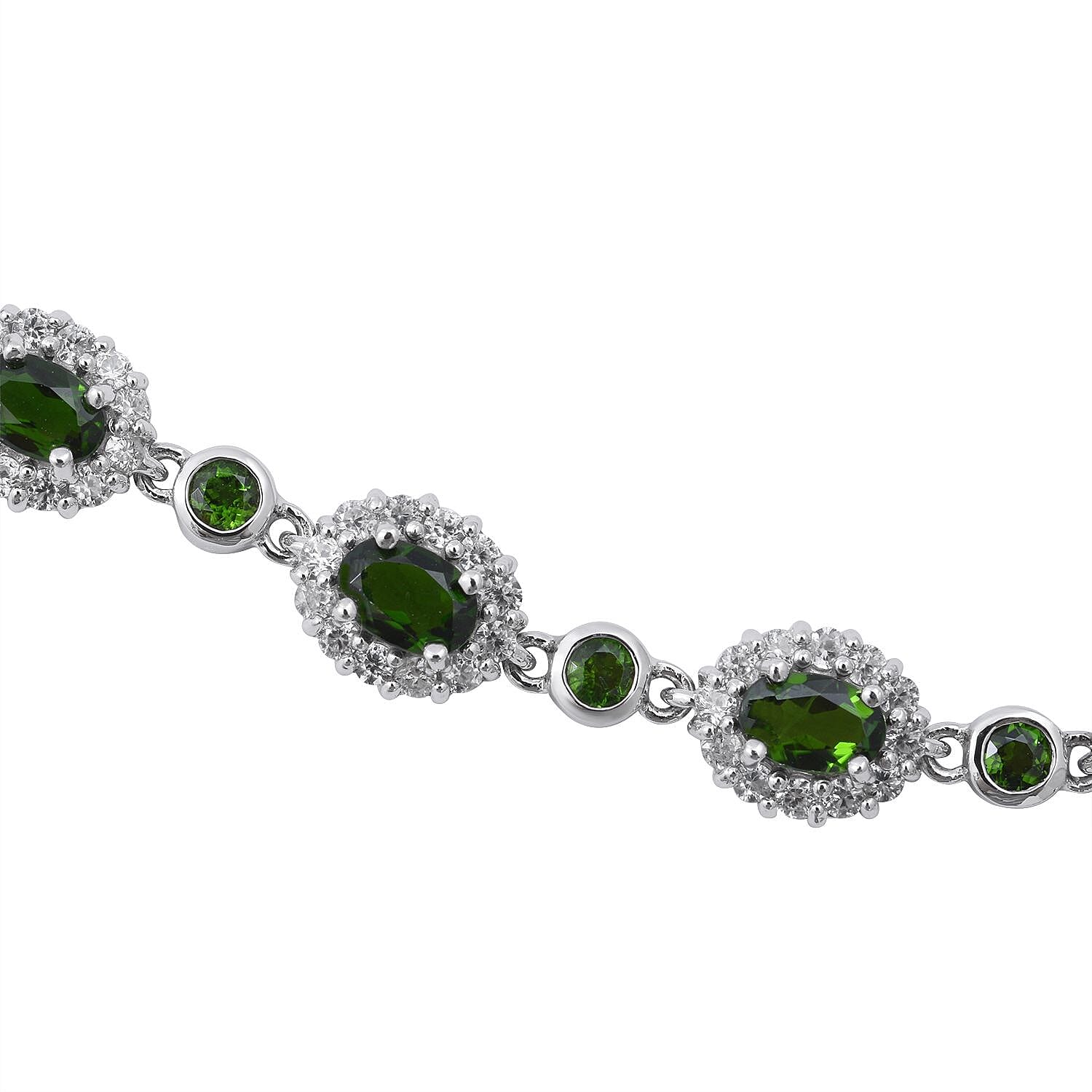 Natural Chrome Diopside & Natural Zircon Necklace (Size - 18-2 Inch Ext.) in Rhodium Overlay Sterling Silver 14.63 Ct, Silver Wt. 10 Gms