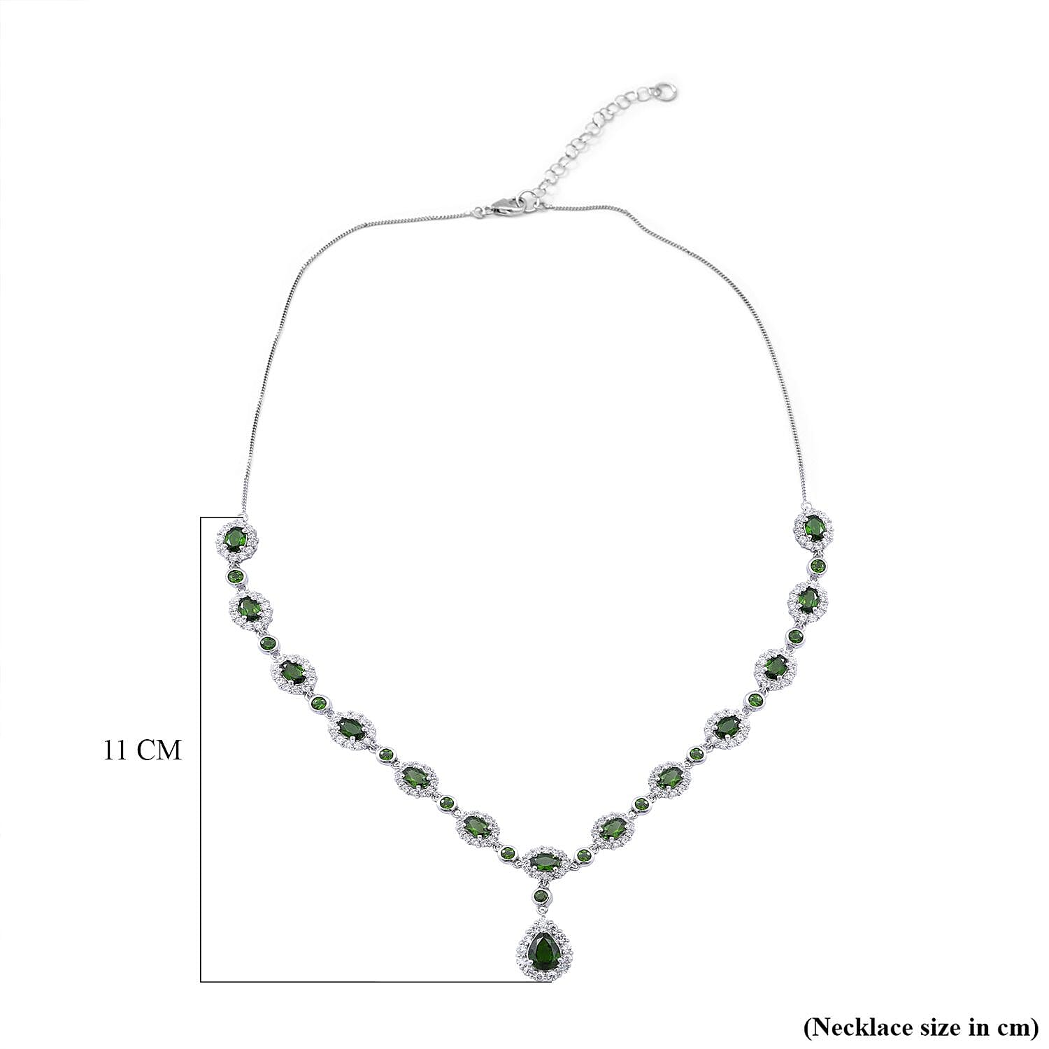 Natural Chrome Diopside & Natural Zircon Necklace (Size - 18-2 Inch Ext.) in Rhodium Overlay Sterling Silver 14.63 Ct, Silver Wt. 10 Gms