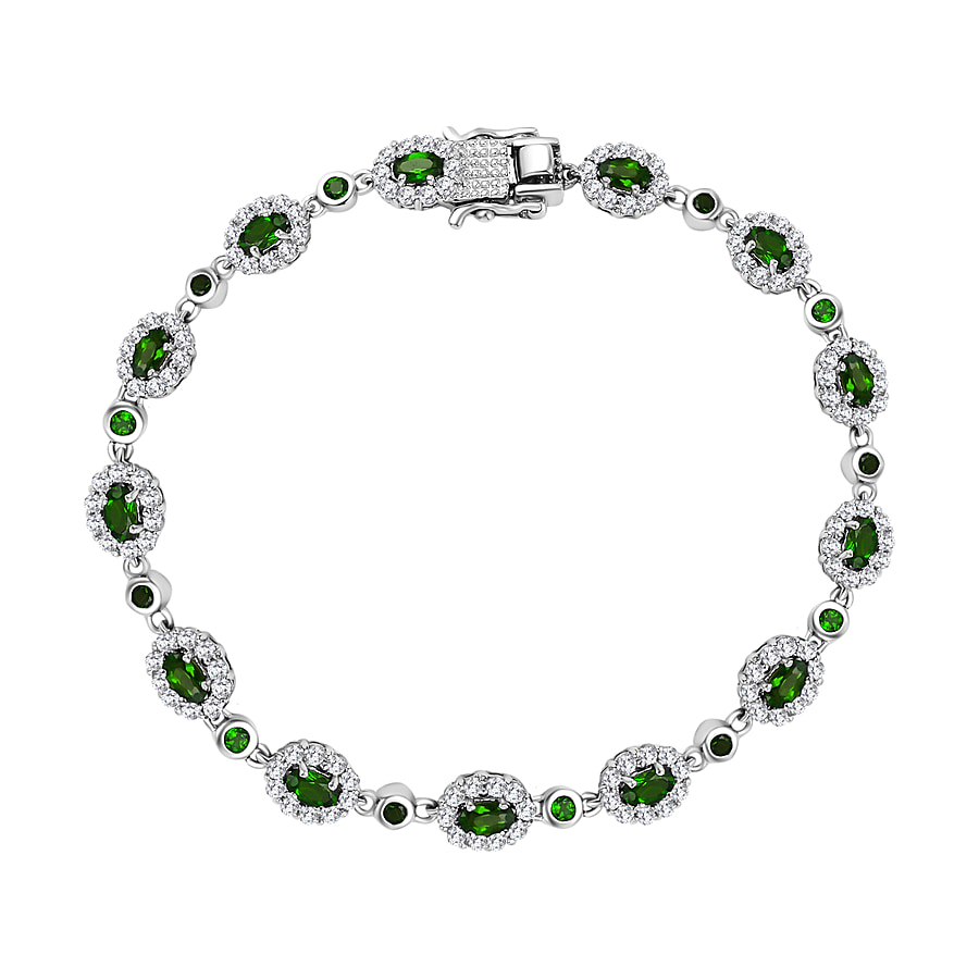 Natural Chrome Diopside & Natural Zircon Bracelet (Size - 7.5) in Rhodium Overlay Sterling Silver 7.12 Ct, Silver Wt. 11.20 Gms.