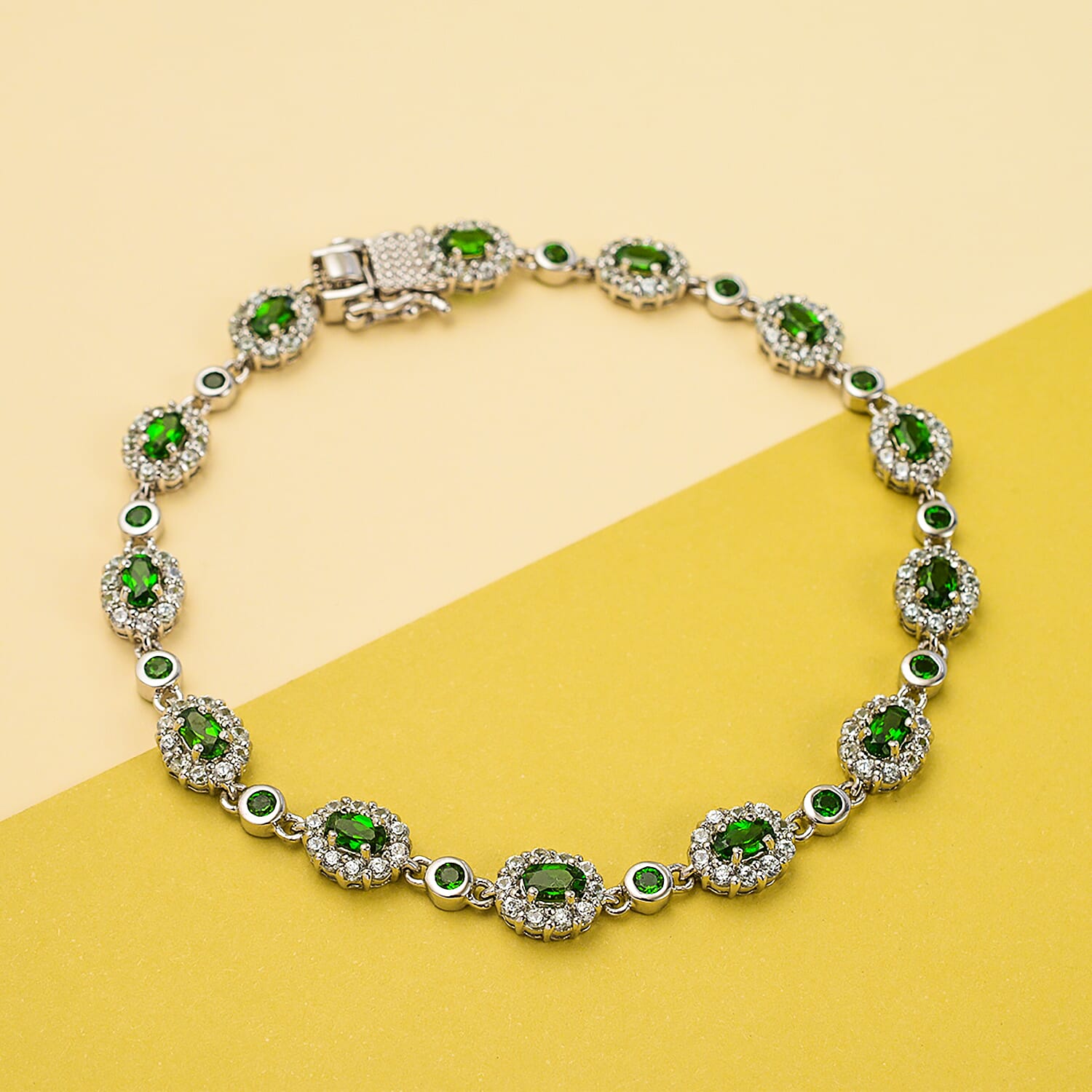 Natural Chrome Diopside and Natural Zircon Bracelet (Size - 7) in Rhodium Overlay Sterling Silver 6.52 Ct, Silver Wt. 10.40 Gms.