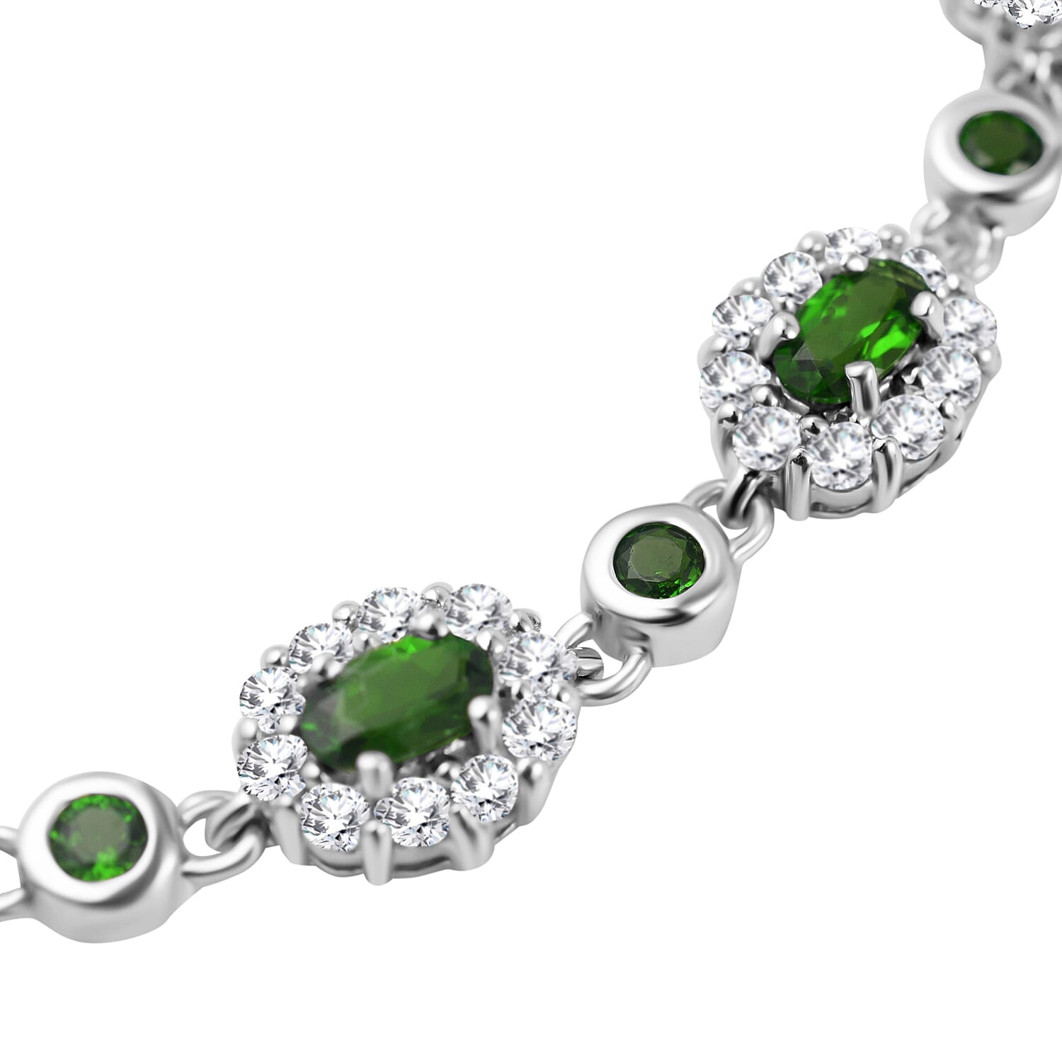 Natural Chrome Diopside and Natural Zircon Bracelet (Size - 7) in Rhodium Overlay Sterling Silver 6.52 Ct, Silver Wt. 10.40 Gms.