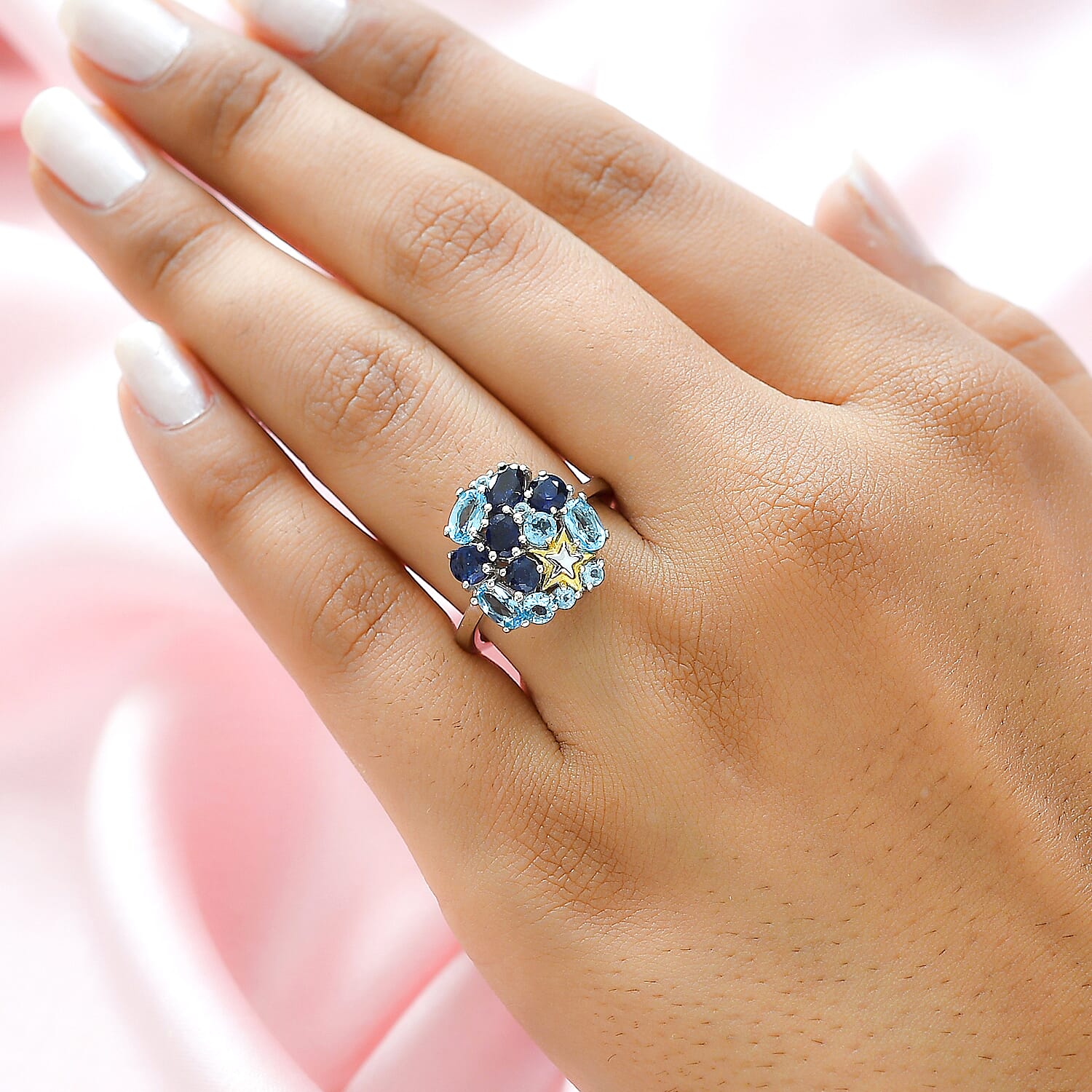 GP Celestial Dream Collection - Masoala Sapphire and Swiss Blue Topaz Cluster Ring in 18K Vermeil Yellow Gold Plated & Rodium Sterling Silver 2.70 Ct.