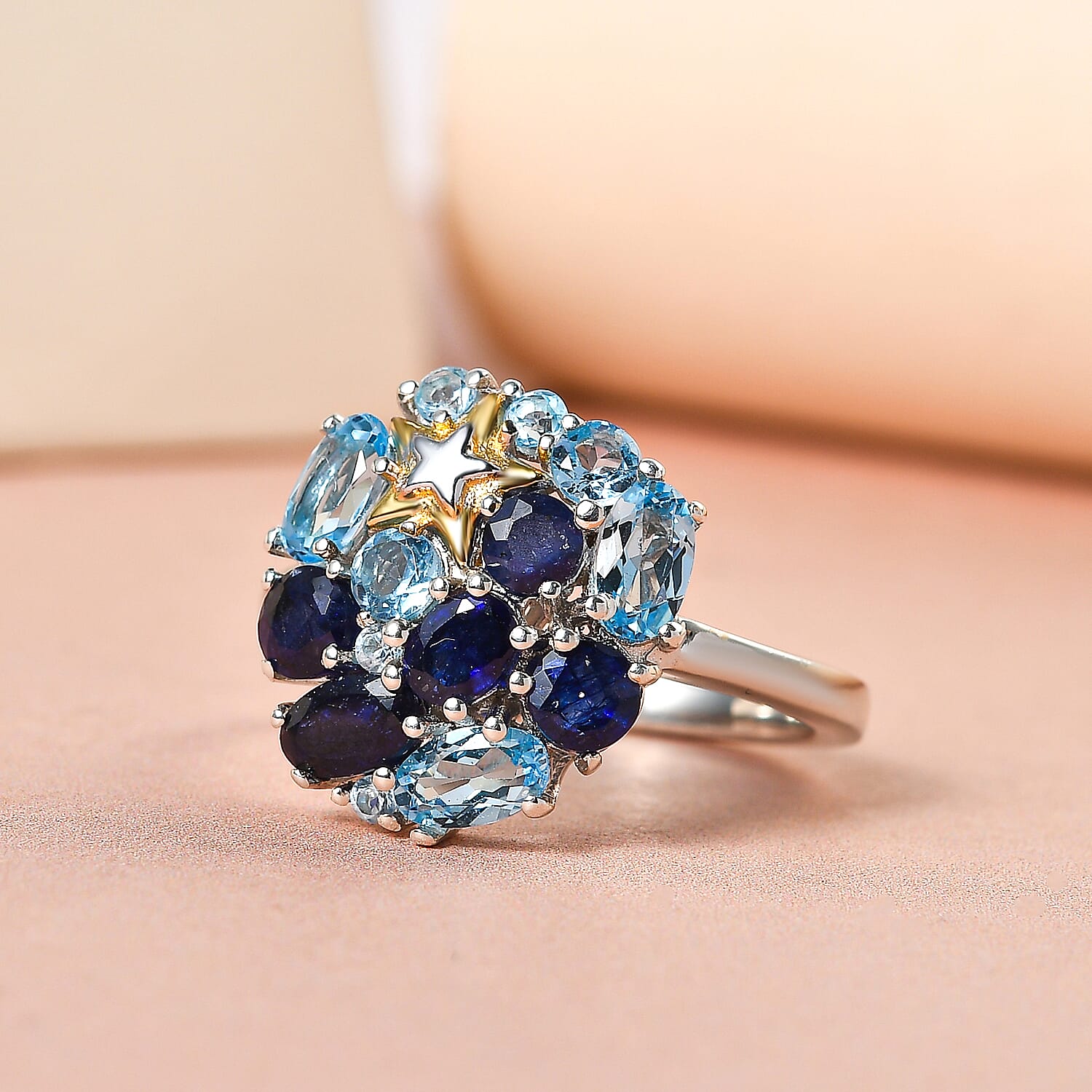 GP Celestial Dream Collection - Masoala Sapphire and Swiss Blue Topaz Cluster Ring in Platinum and 18K Vermeil Yellow Gold Plated Sterling Silver 2.70 Ct.
