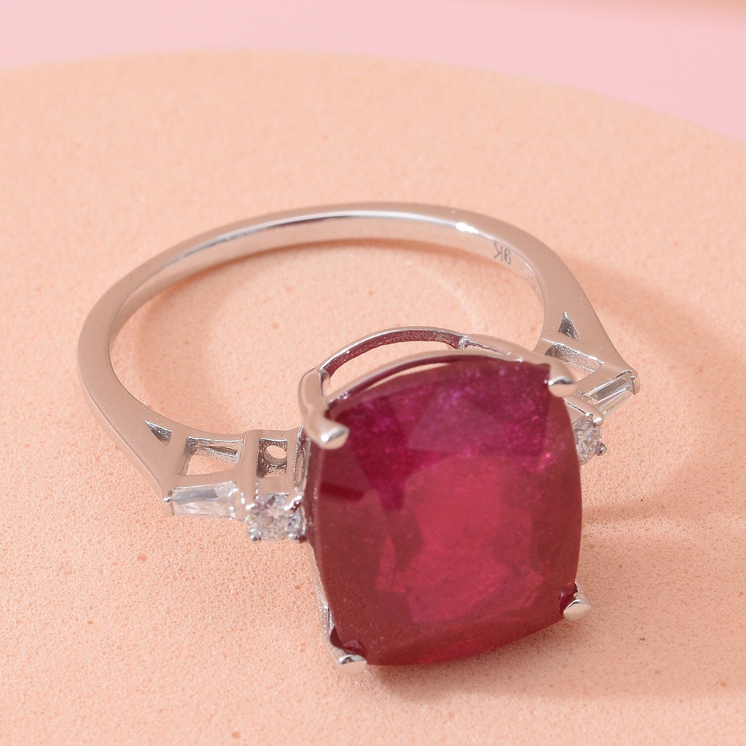 9K White Gold AAA Niassa Ruby and Moissanite Ring 8.45 Ct.