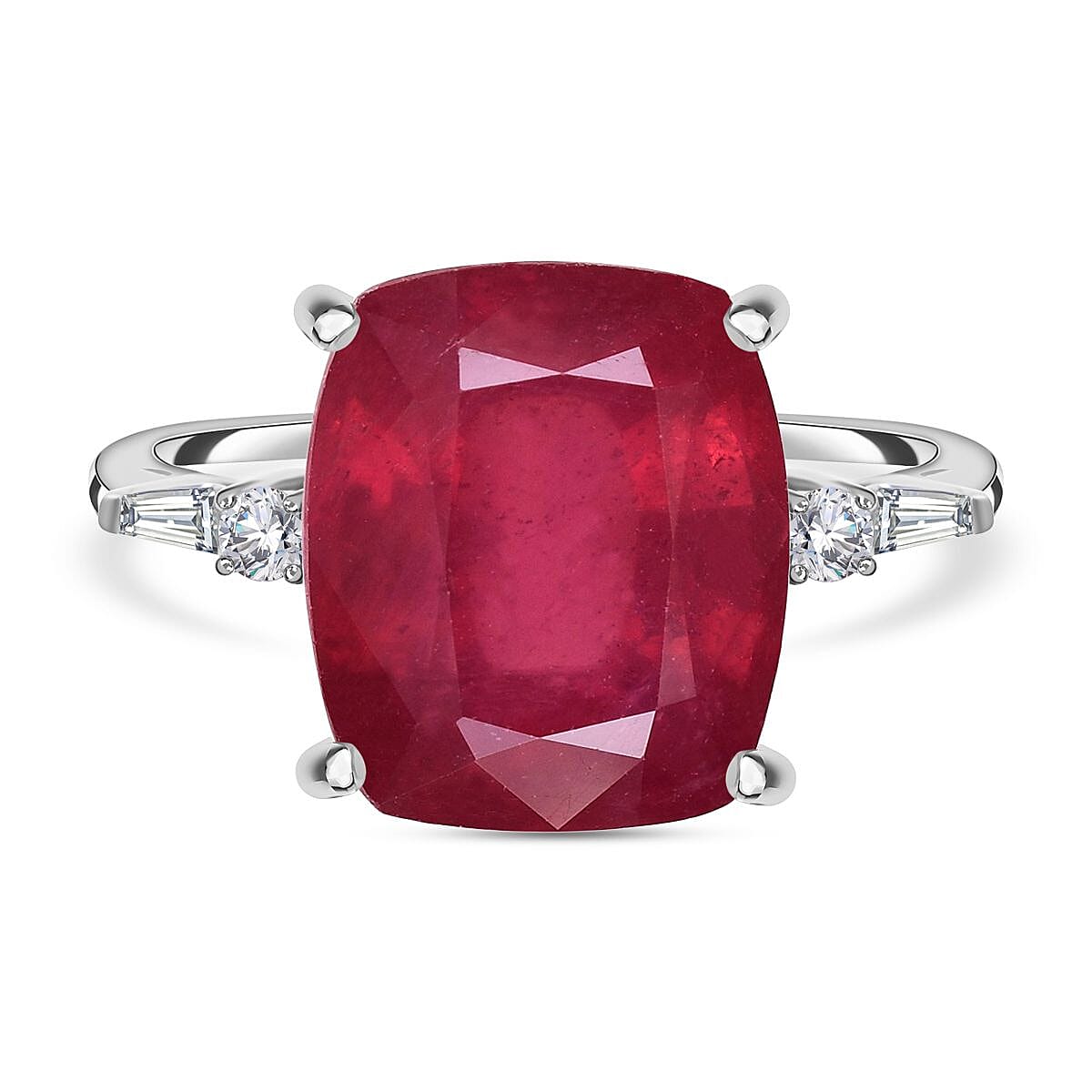 9K White Gold AAA Niassa Ruby and Moissanite Ring 8.45 Ct.