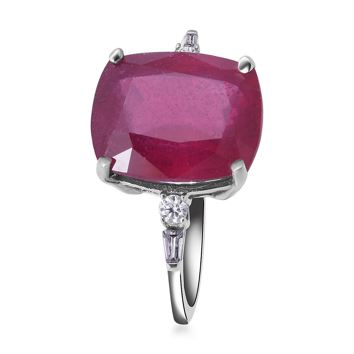 9K White Gold AAA Niassa Ruby and Moissanite Ring 8.45 Ct.