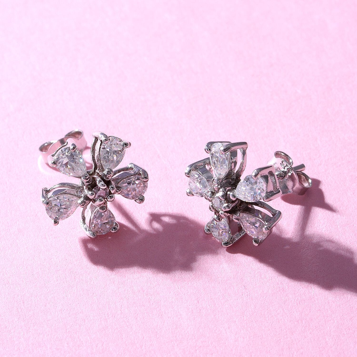 Moissanite Floral Earrings in Rhodium Overlay Sterling Silver 1.76 Ct.