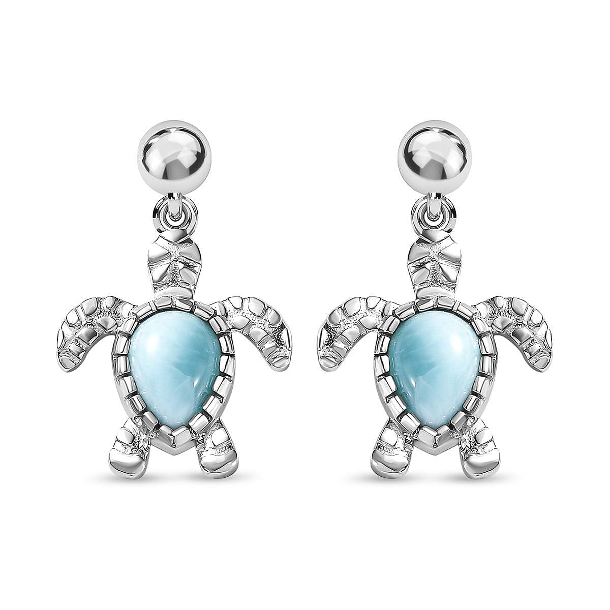 Larimar Turtle Earrings (With Push Back) in Platinum Overlay Sterling Silver 2.24 Ct.