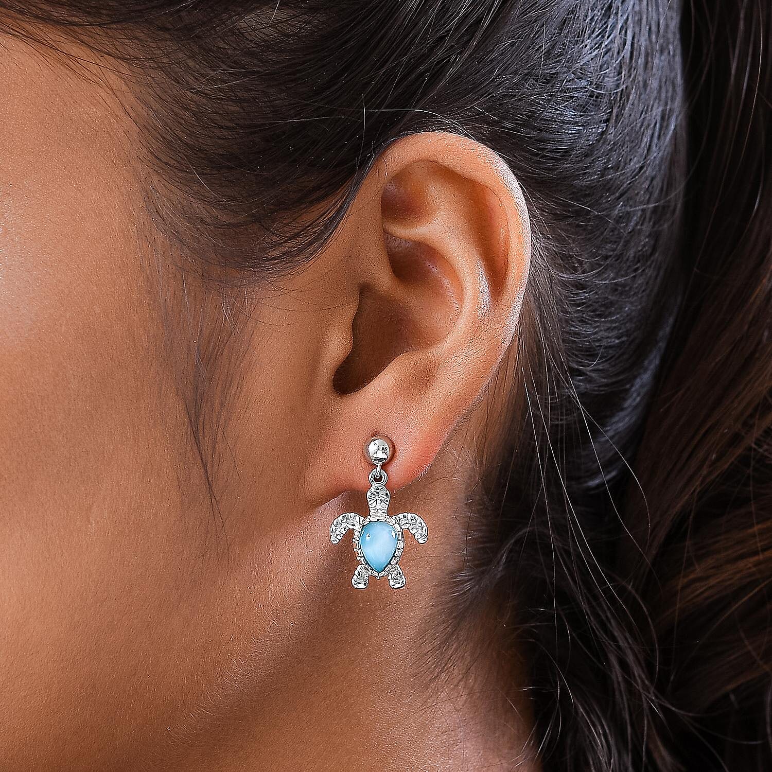 Larimar Turtle Earrings (With Push Back) in Platinum Overlay Sterling Silver 2.24 Ct.
