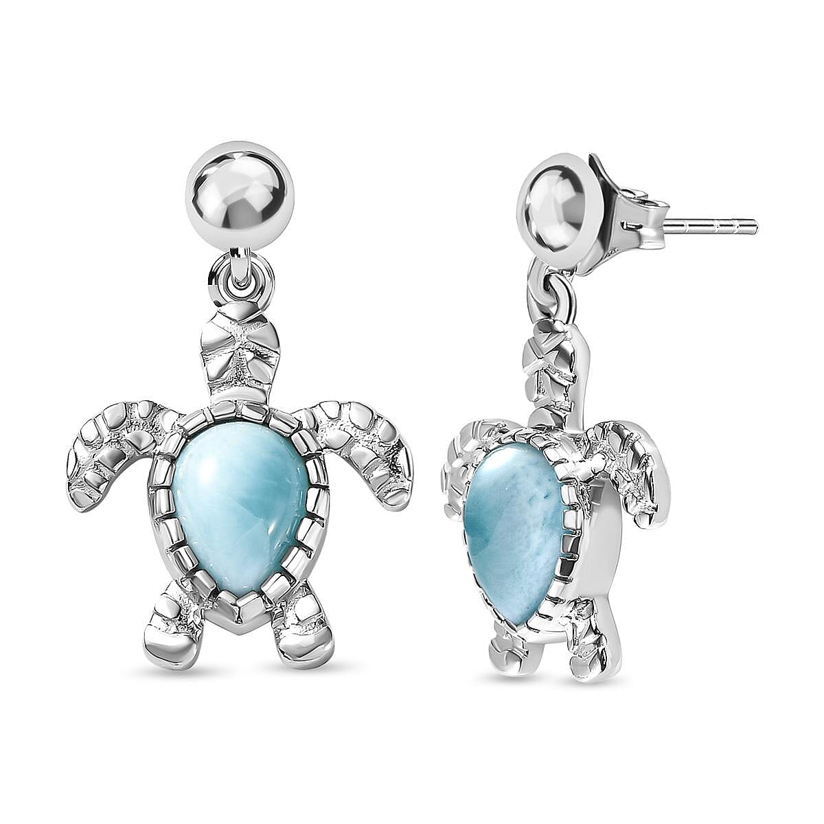 Larimar Turtle Earrings (With Push Back) in Platinum Overlay Sterling Silver 2.24 Ct.