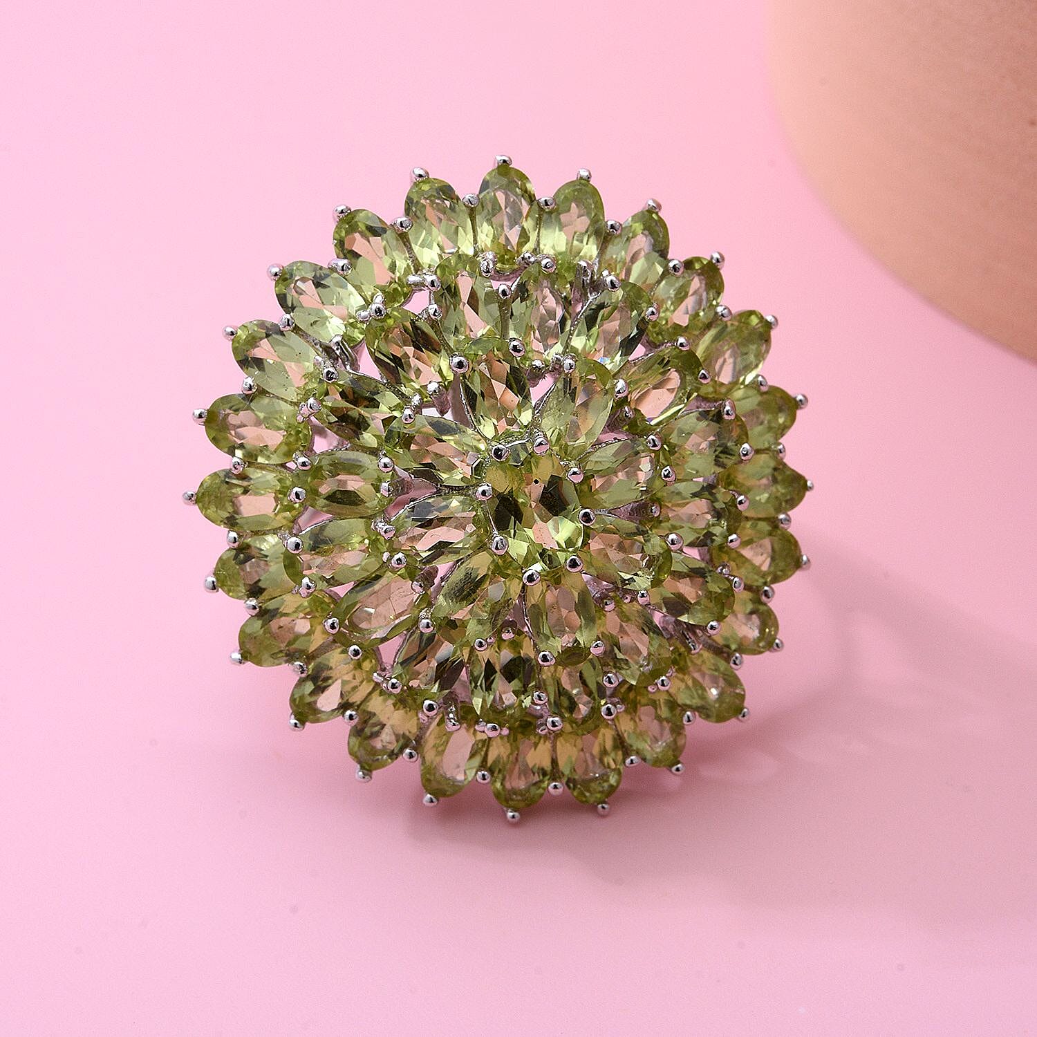 Natural Hebei Peridot Cluster Ring in Rhodium Overlay Sterling Silver 12.47 Ct, Silver Wt. 8.20 Gms.