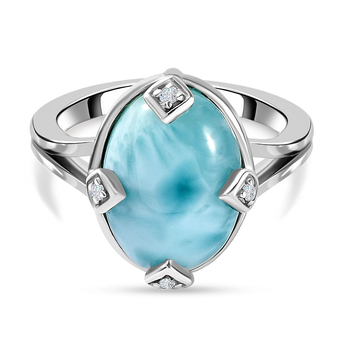Larimar and Natural Zircon Ring in Platinum Overlay Sterling Silver 6.35 Ct.
