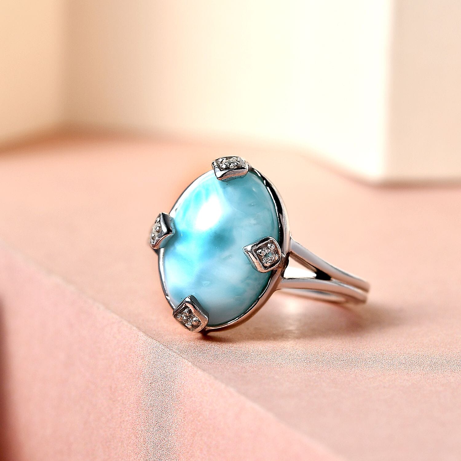 Larimar and Natural Zircon Ring in Platinum Overlay Sterling Silver 6.35 Ct.
