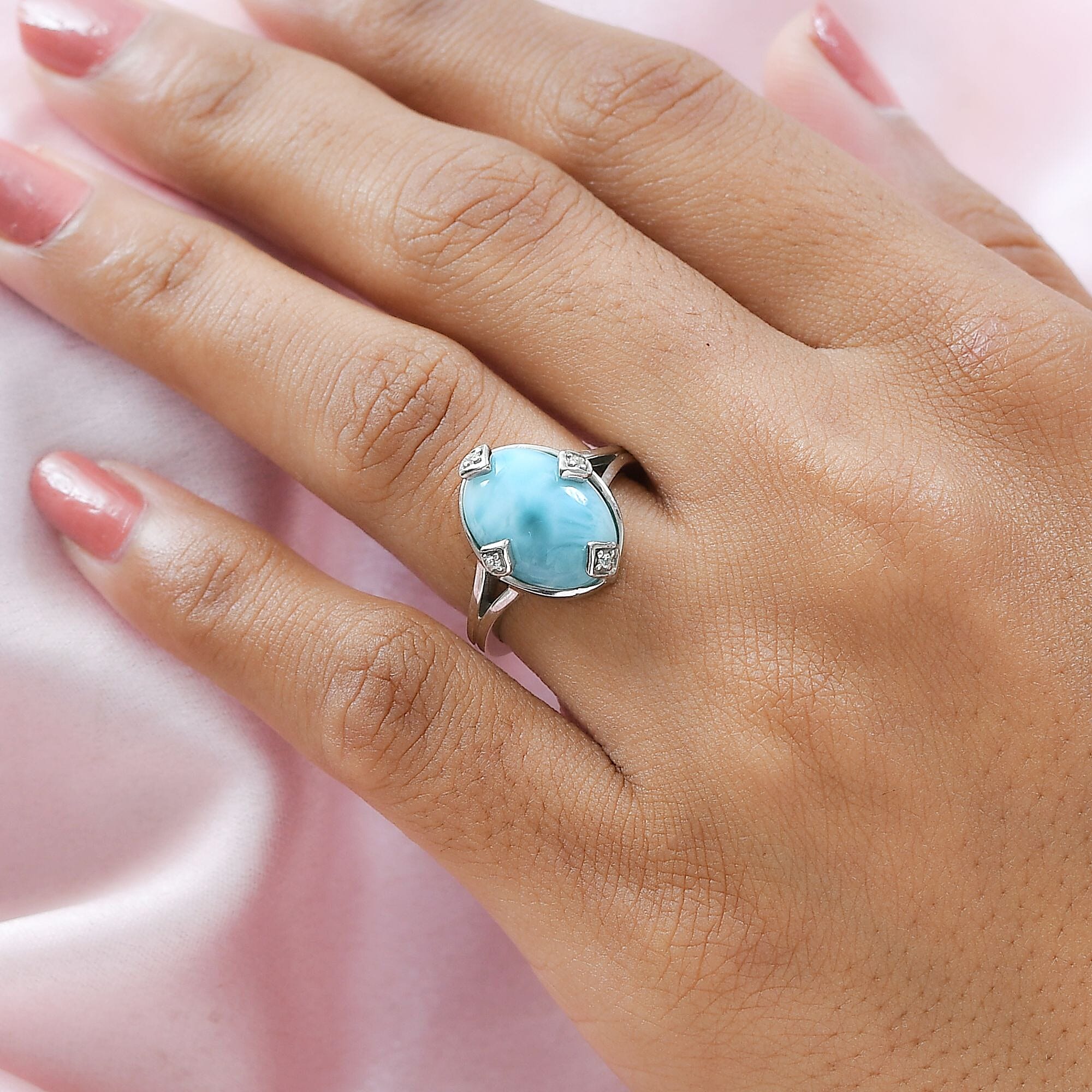 Larimar and Natural Zircon Ring in Platinum Overlay Sterling Silver 6.35 Ct.