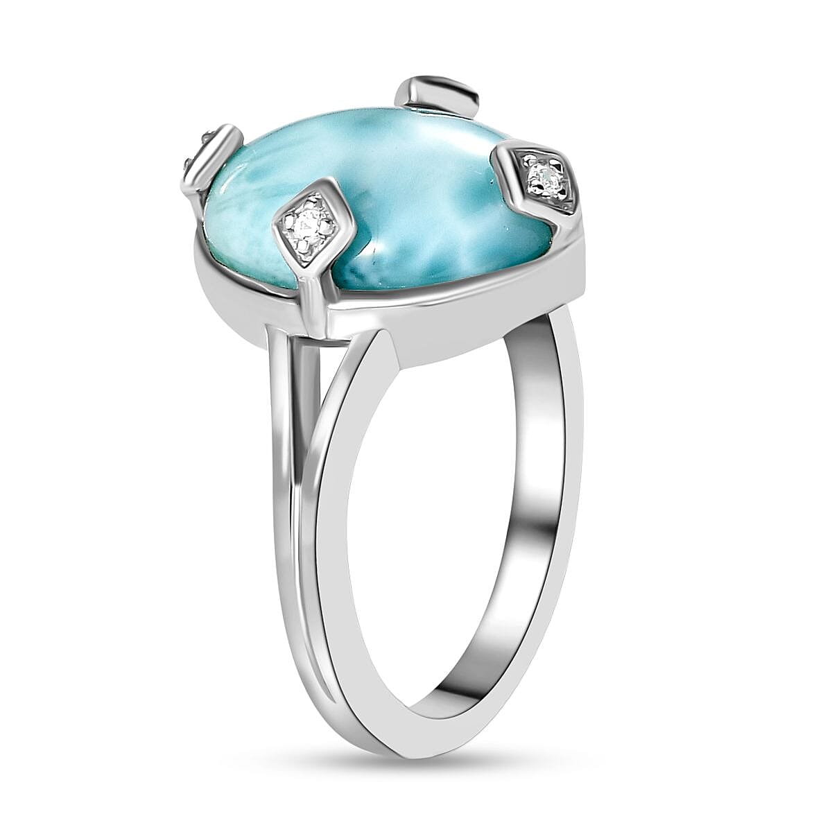 Larimar and Natural Zircon Ring in Platinum Overlay Sterling Silver 6.35 Ct.