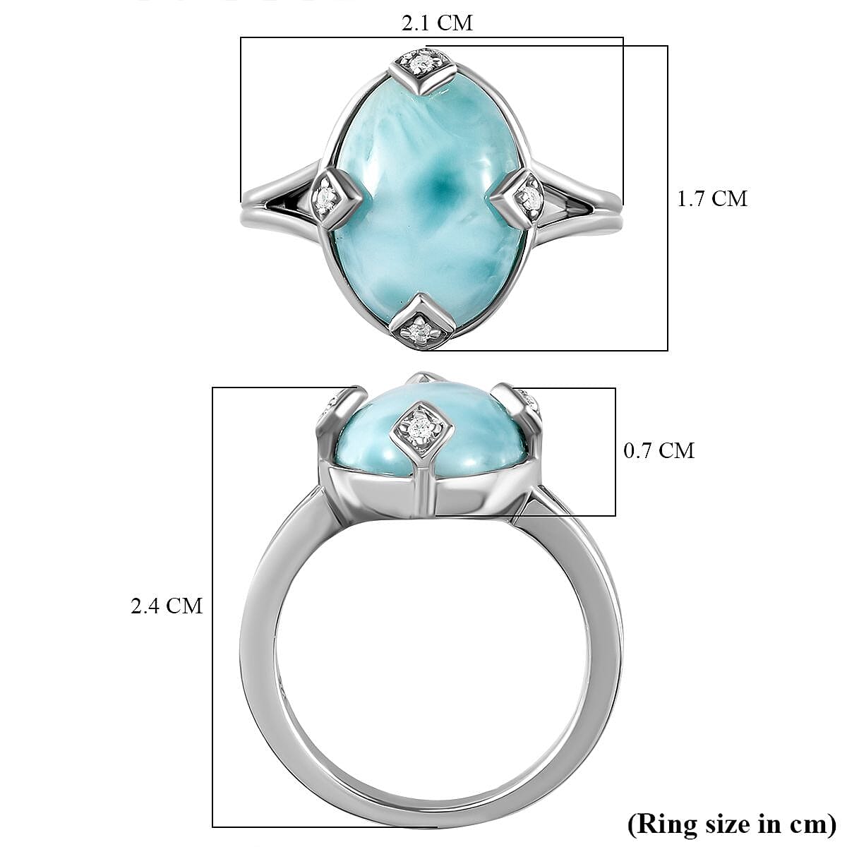 Larimar and Natural Zircon Ring in Platinum Overlay Sterling Silver 6.35 Ct.