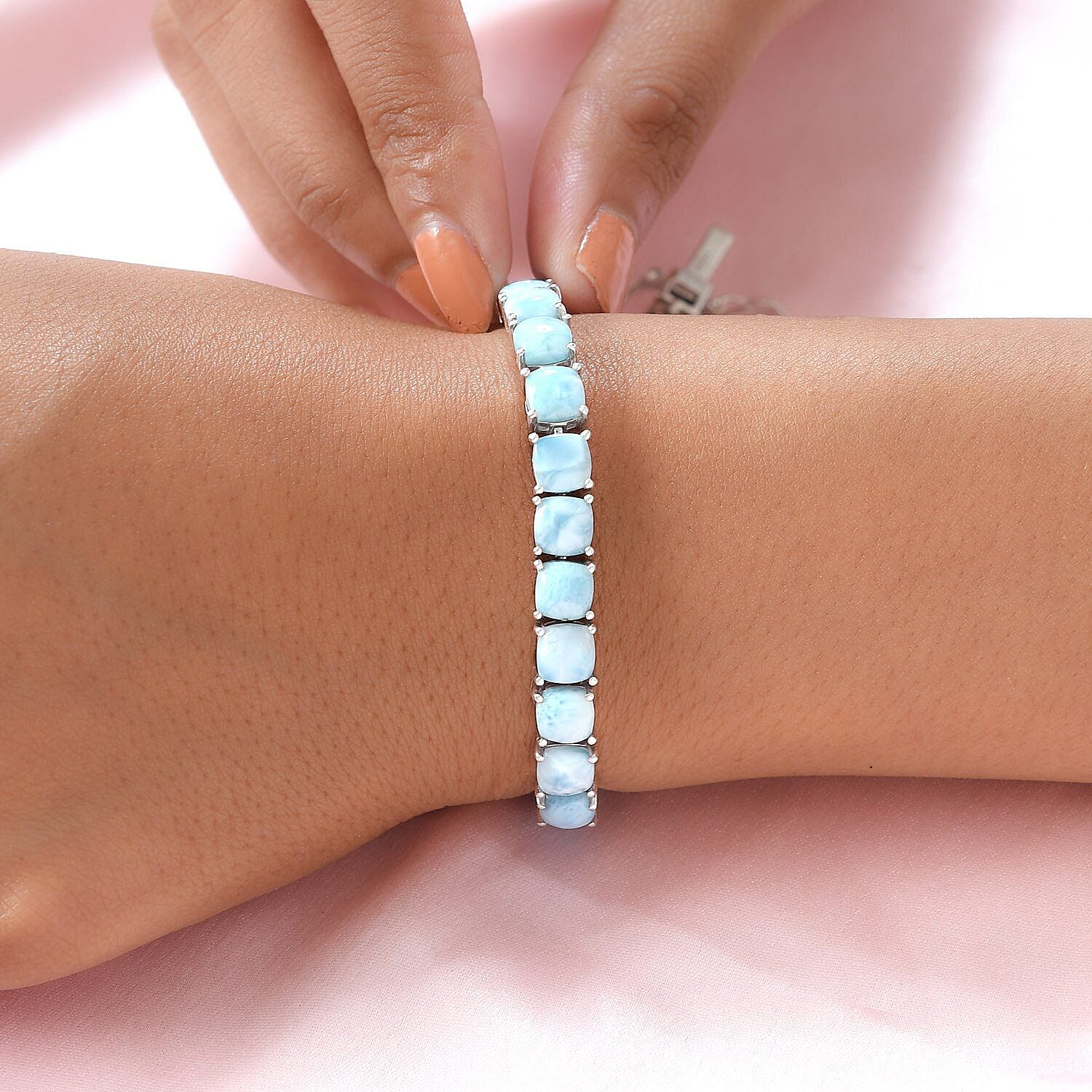 Larimar Tennis Bracelet (Size 7.5) in Platinum Overlay Sterling Silver 32.50 Ct, Silver Wt. 13.43 Gms.
