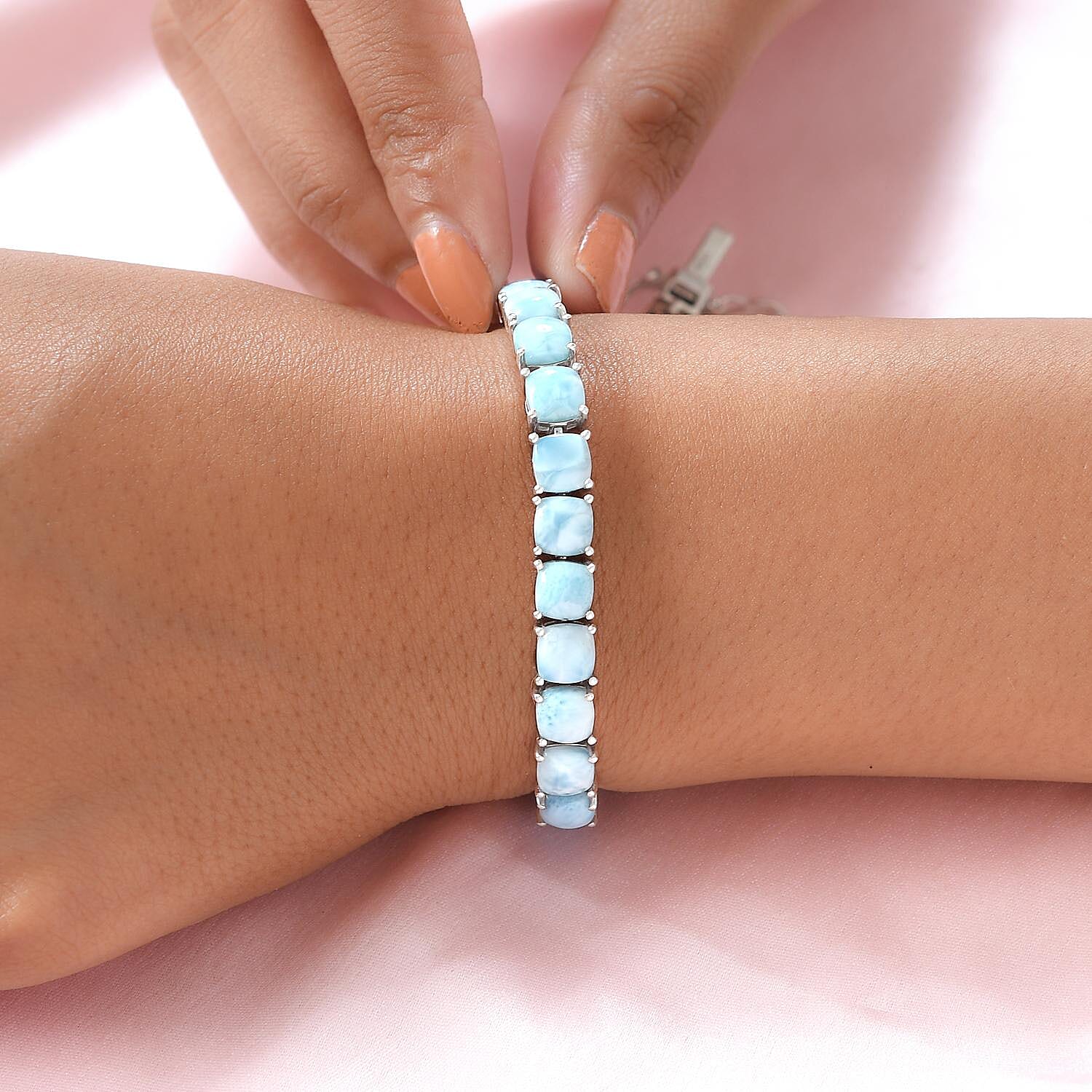 Larimar Tennis Bracelet (Size 7.5) in Platinum Overlay Sterling Silver 32.50 Ct, Silver Wt. 13.43 Gms.